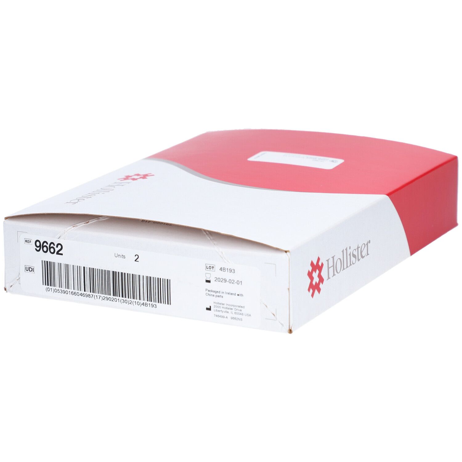 Verpackung, rot-weiß. Logo Hollister. Produktcode 9662. Barcode. CE-Kennzeichnung. Haltbarkeitsdatum.