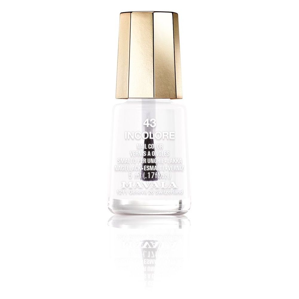 Klarer Nagellack in einer kleinen Glasflasche mit goldenem Deckel. Aufschrift: 43 INCOLORE, 5 ml.