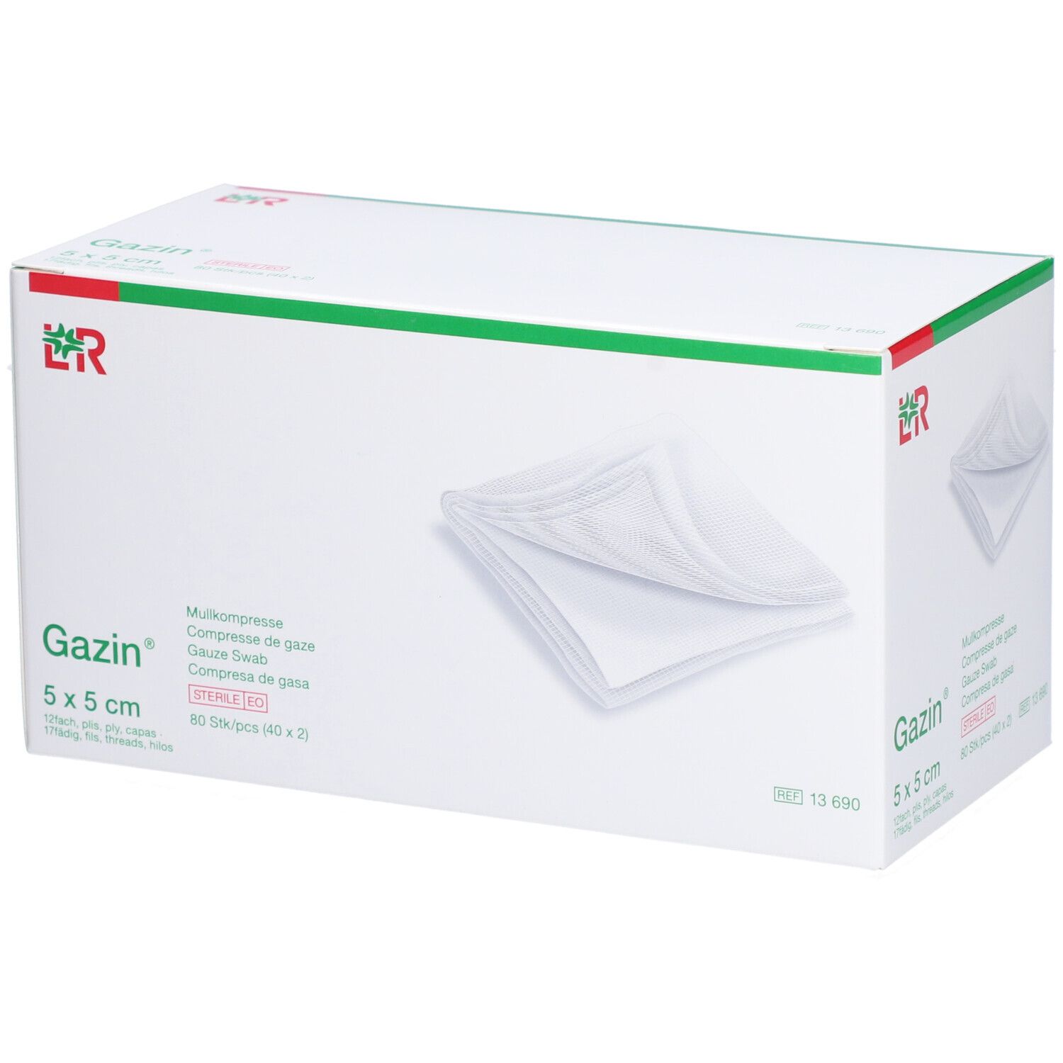 Verpackung mit Mullkompressen. Marke Gazin, Größe 5 x 5 cm. Sterile EO. Weiße Kompressen sind sichtbar.