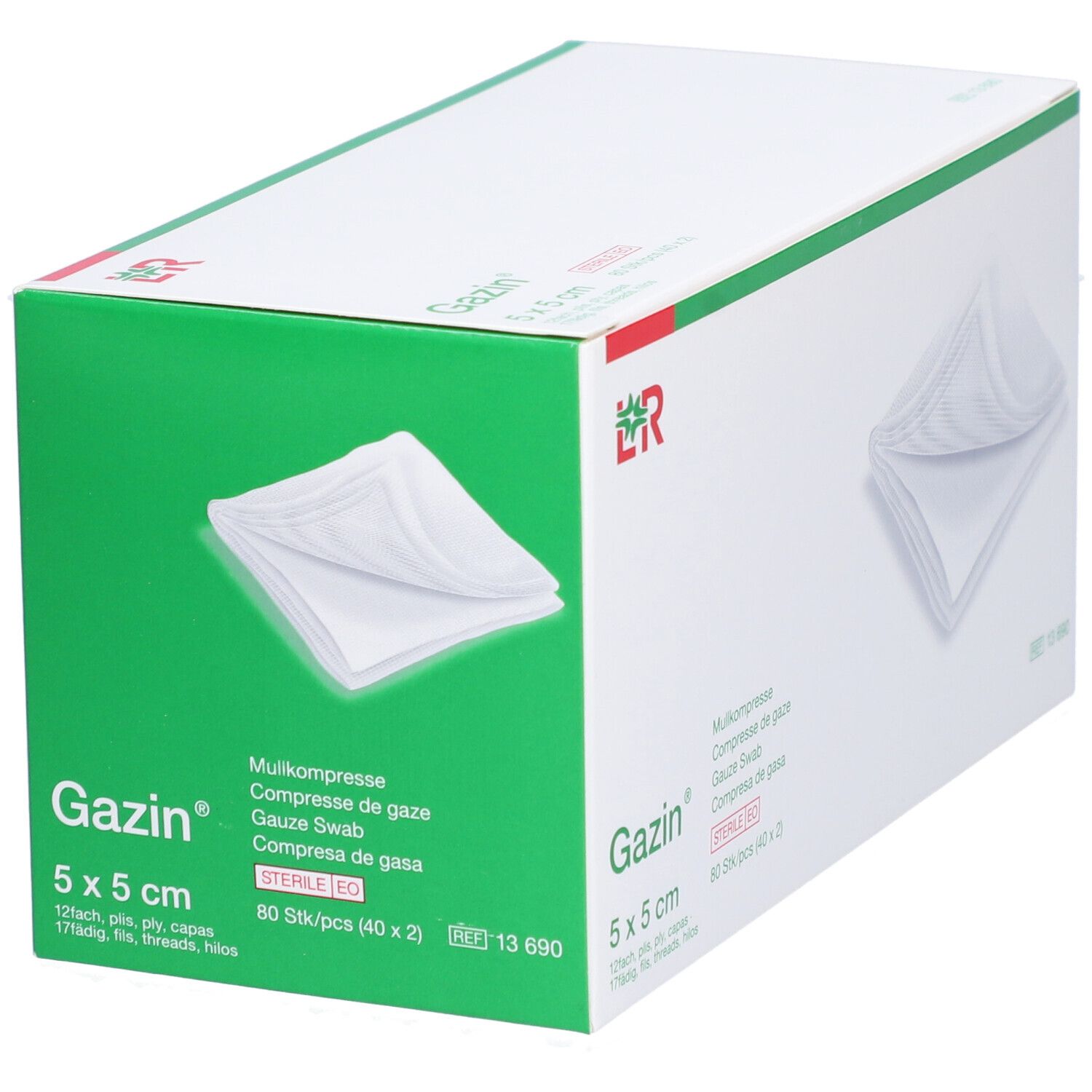 Verpackung mit Gazin Mullkompressen, 5 x 5 cm. Sterile EO. Weiße Kompressen sind sichtbar. Grüne und weiße Verpackung.