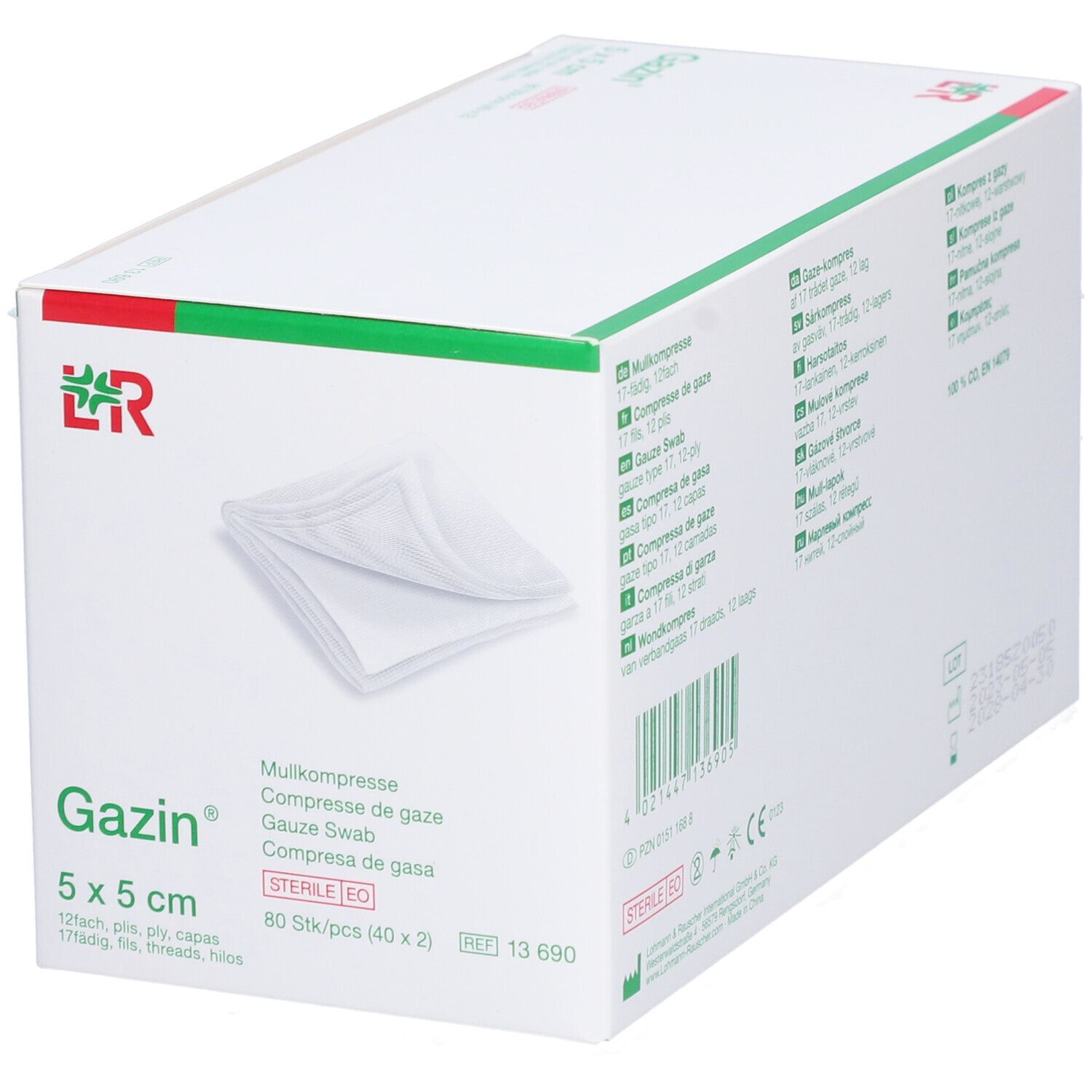 Gazin Mullkompressen Verpackung, 5 x 5 cm. Sterile EO. Weiße Kompressen sind sichtbar. Grüne und weiße Verpackung.