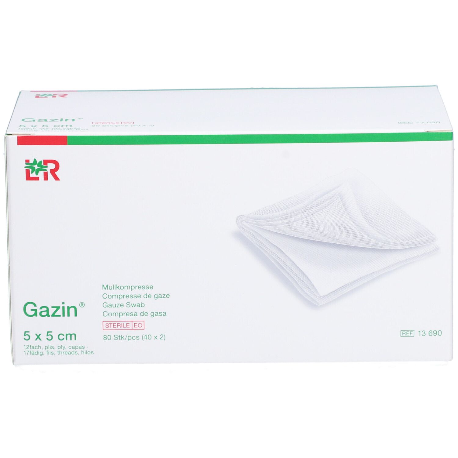 Gazin Mullkompressen Verpackung, 5 x 5 cm. Sterile EO. Weiße Kompressen sind sichtbar. Grüne und weiße Verpackung.