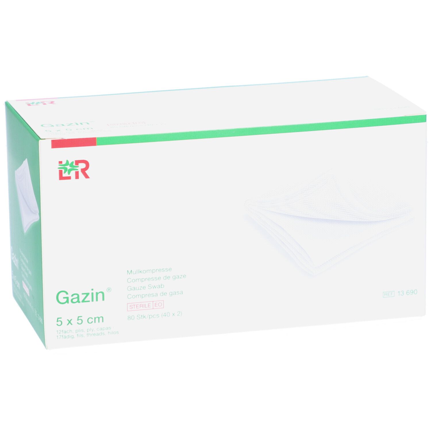 Gazin Mullkompressen Verpackung, 5 x 5 cm. Sterile EO. Weiße Kompressen sind sichtbar. Grüne und weiße Verpackung.