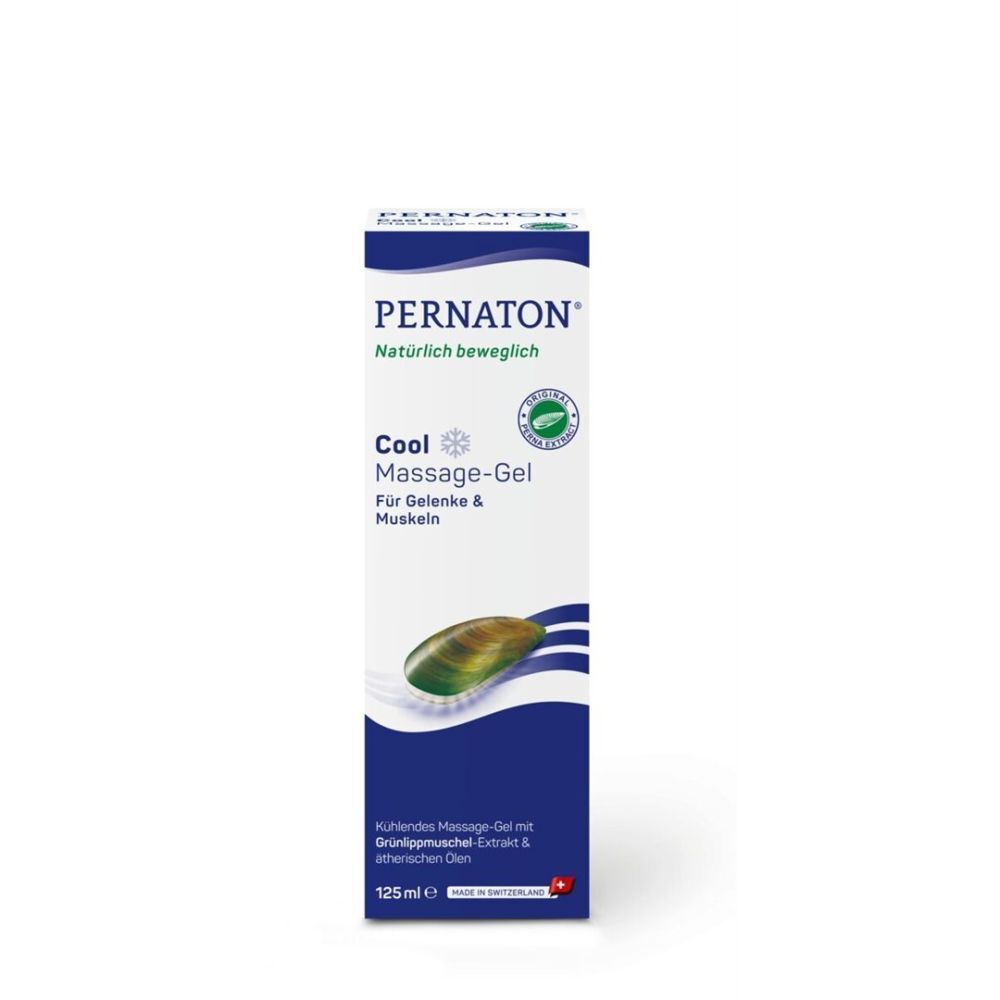 PERNATON Cool Massage-Gel, Verpackung. Grünlippmuschel-Extrakt. Zertifizierungszeichen. 125ml.