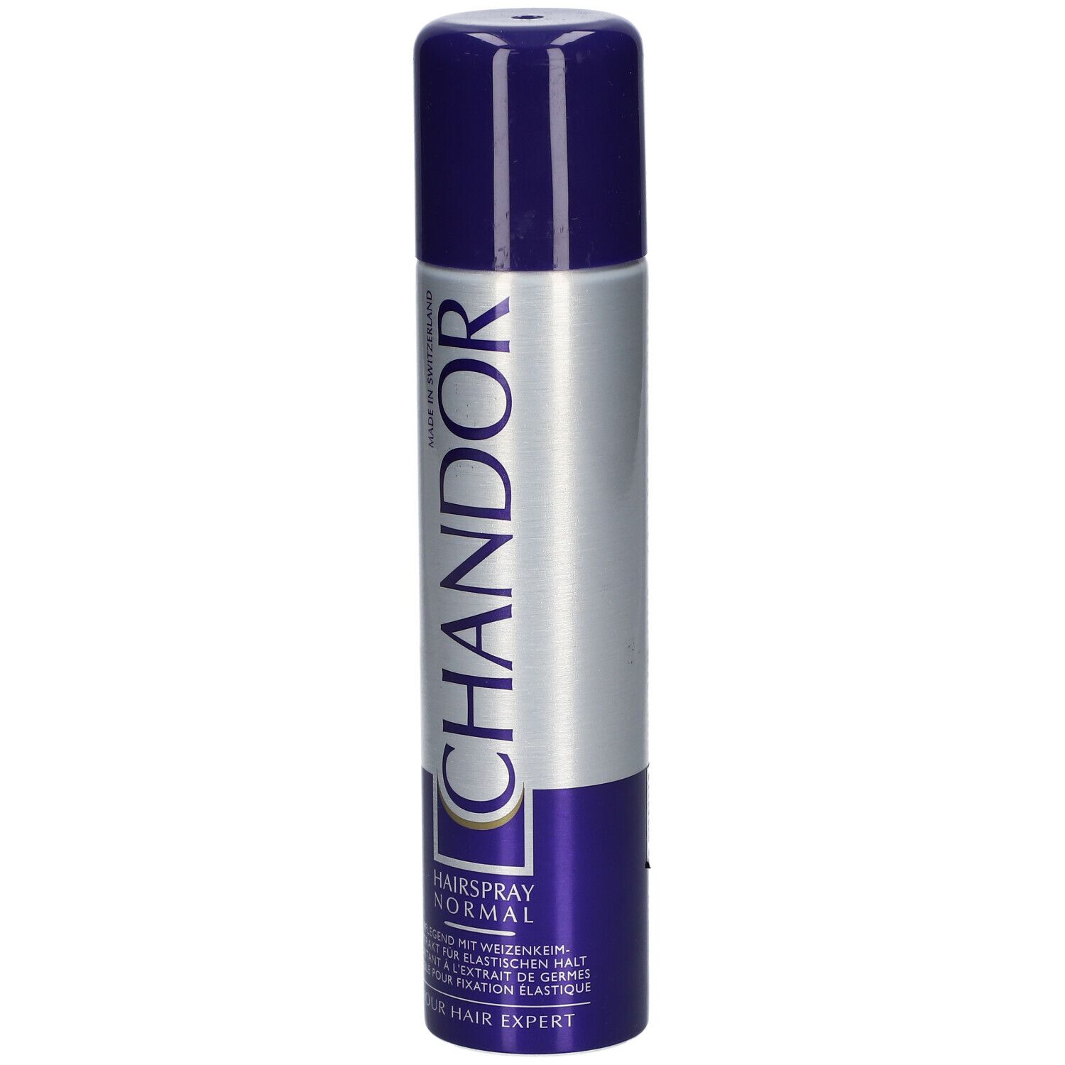 Haarspraybus met blauwe dop en bodem, zilverkleurig middenstuk. Opschrift CHANDOR en HAARSPRAY NORMAL.