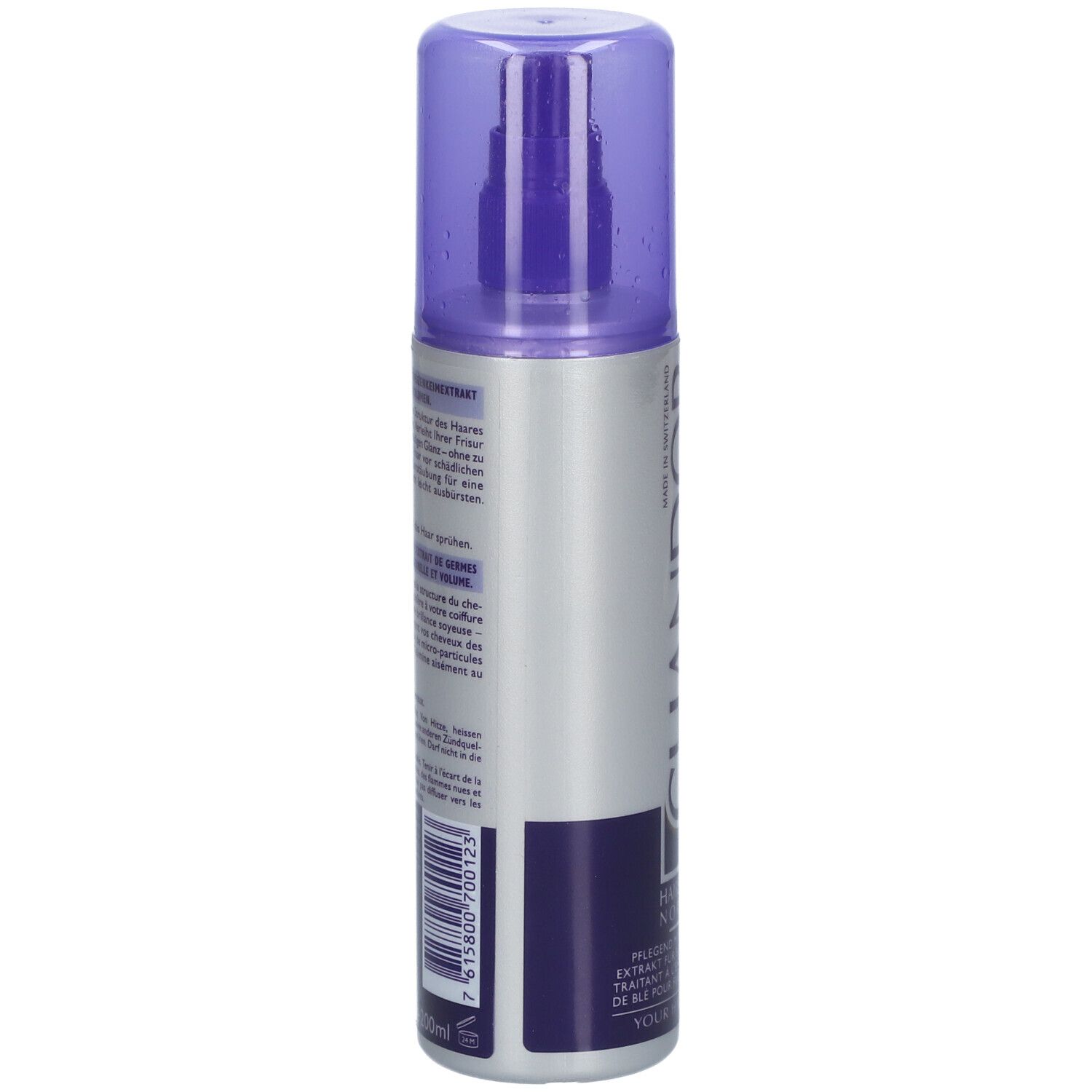 Haarspray-Flasche, Seitenansicht. Silbernes Etikett mit Produktinformationen und Barcode. Lila Deckel.