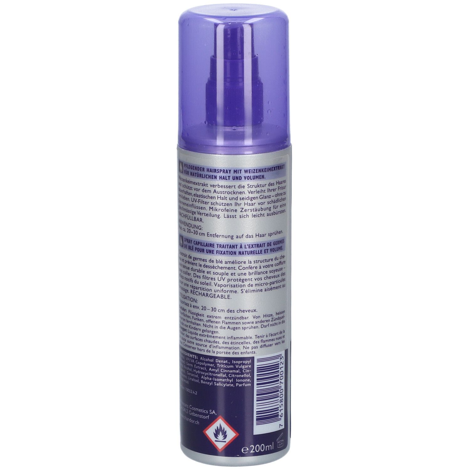 Haarspray-Flasche, Rückansicht. Silbernes Etikett mit Produktinformationen und Warnhinweisen. Lila Deckel.