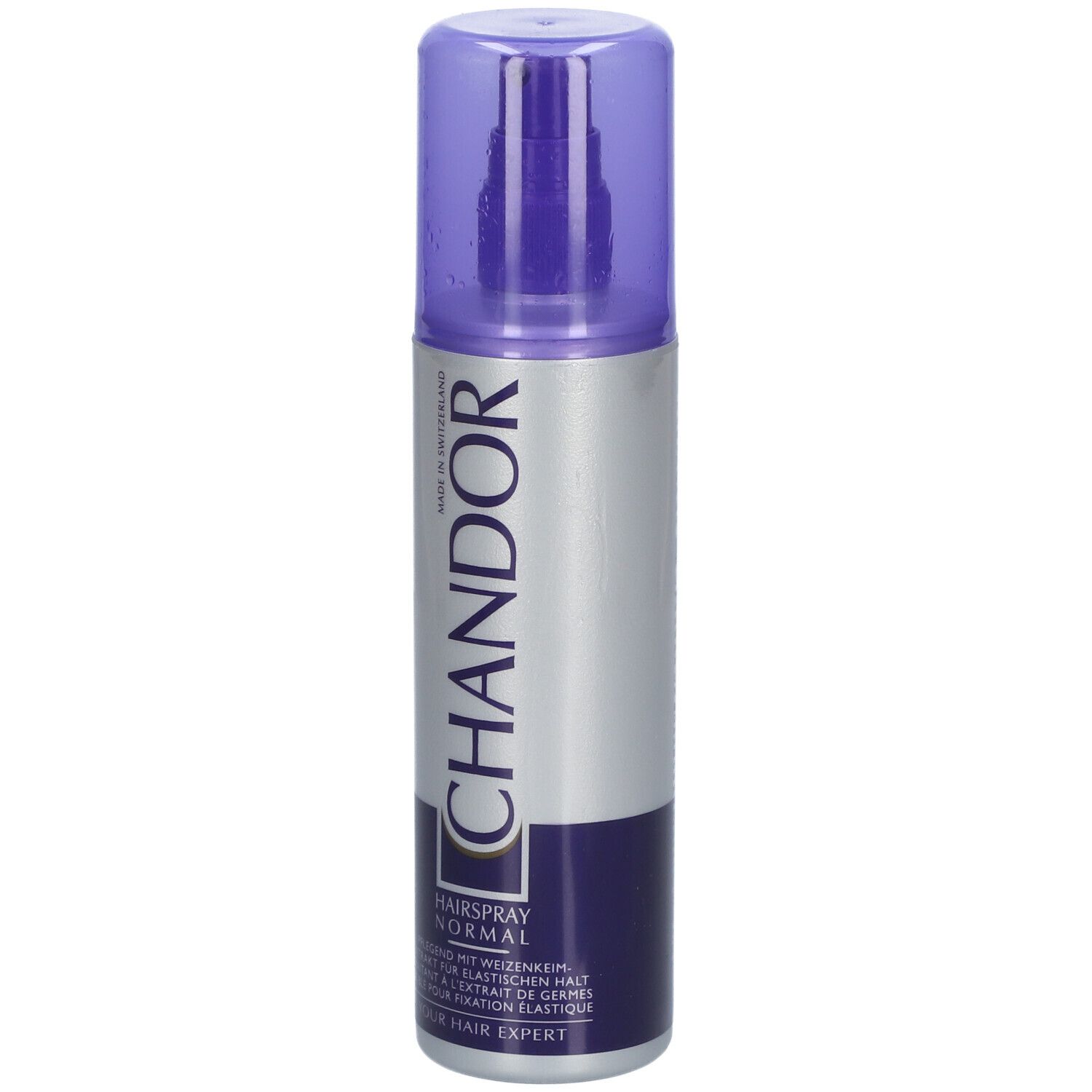 Haarspray-Flasche mit lila Deckel. Silberne und dunkelblaue Etiketten mit Schriftzug CHANDOR und Produktinformationen.