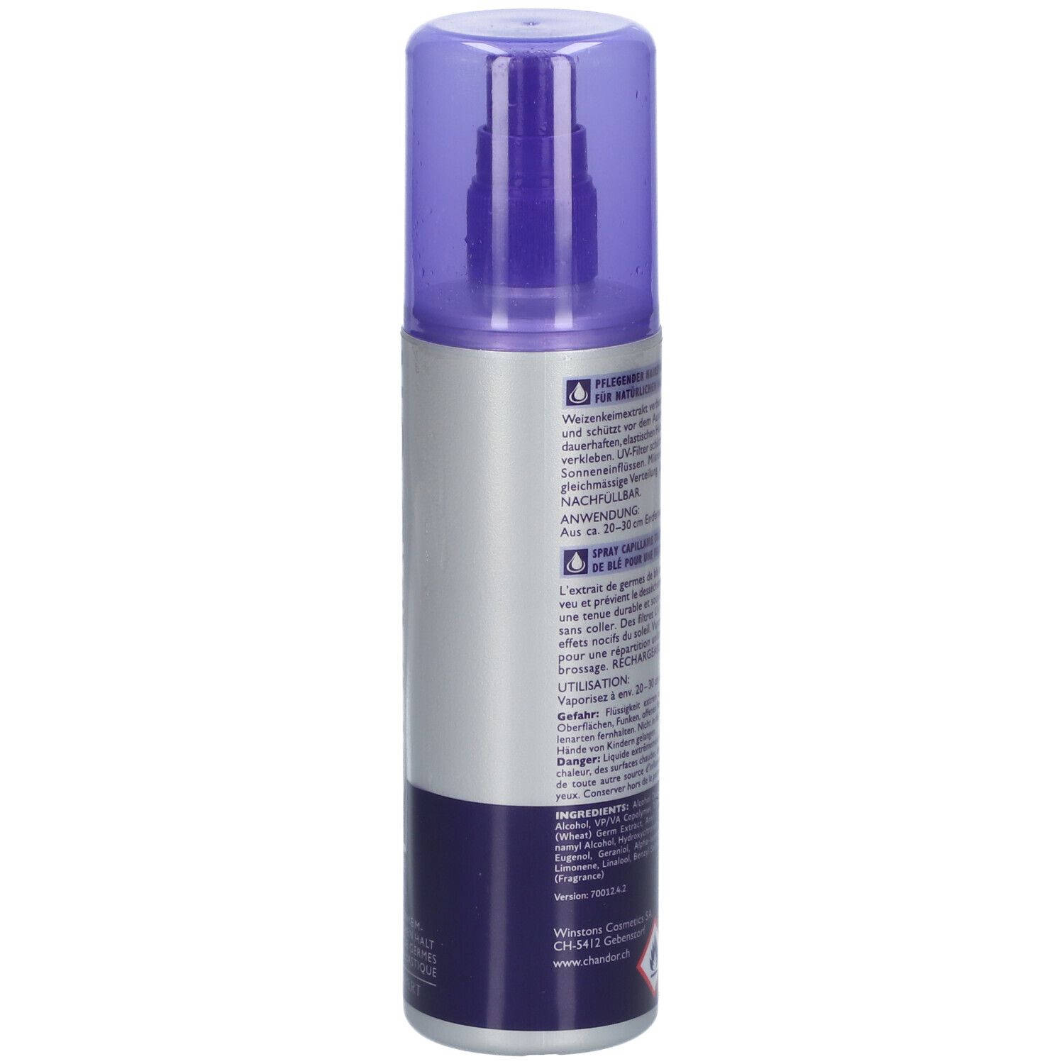 Haarspray-Flasche, Rückansicht. Silbernes Etikett mit Produktinformationen und Warnhinweisen. Lila Deckel.