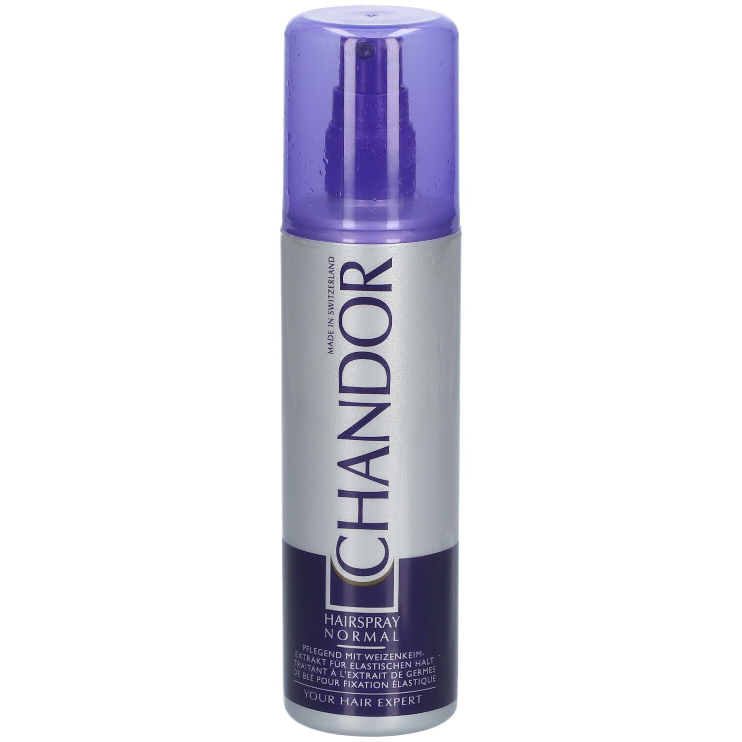 Haarspray-Flasche mit lila Deckel. Silberne und dunkelblaue Etiketten mit Schriftzug CHANDOR und Produktinformationen.