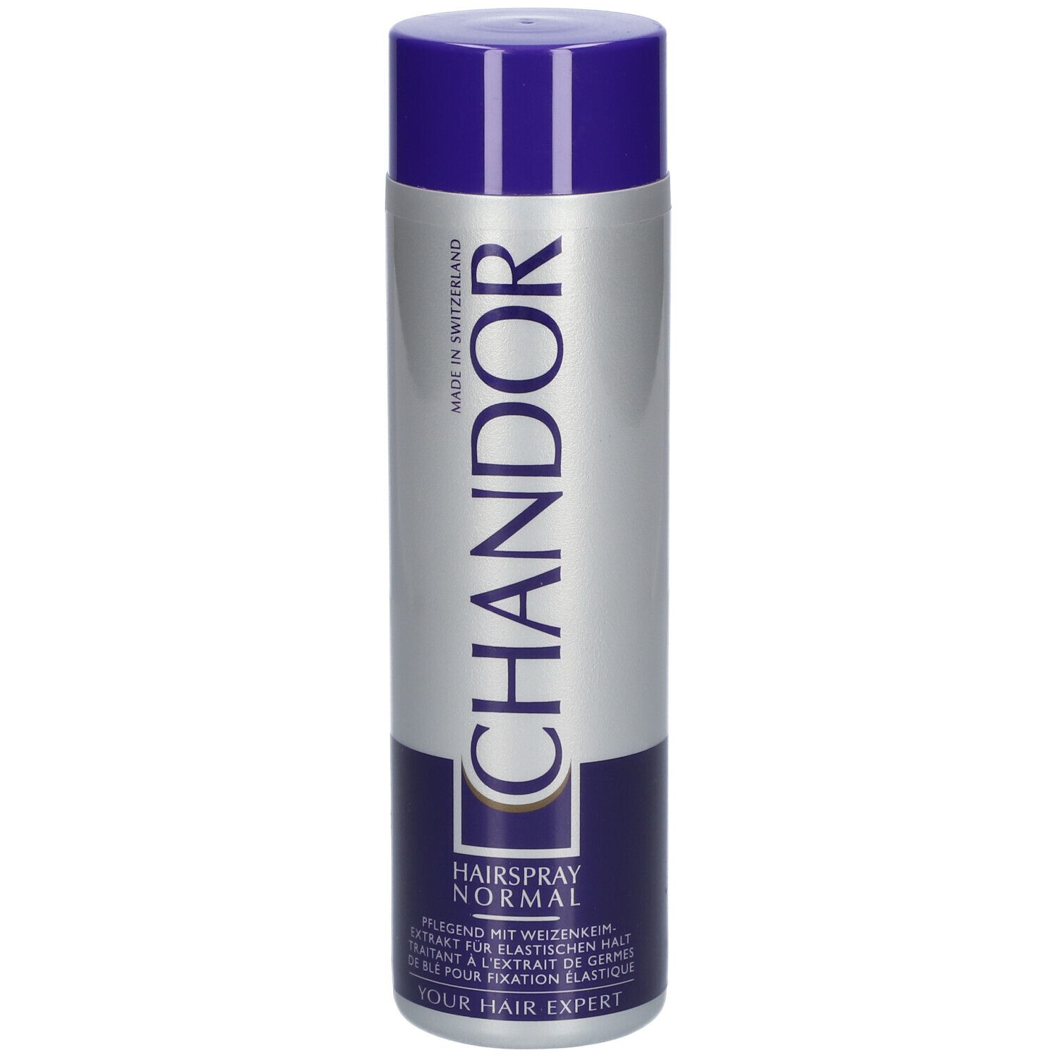 Haarspray-Dose mit blauem Deckel und silberner Hülle. Schriftzug CHANDOR und HAARSPRAY NORMAL.