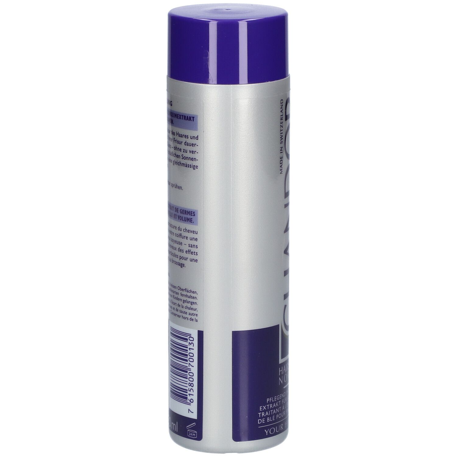 Haarspray-Dose, Seitenansicht. Blaue und silberne Farben. Text auf der Dose.