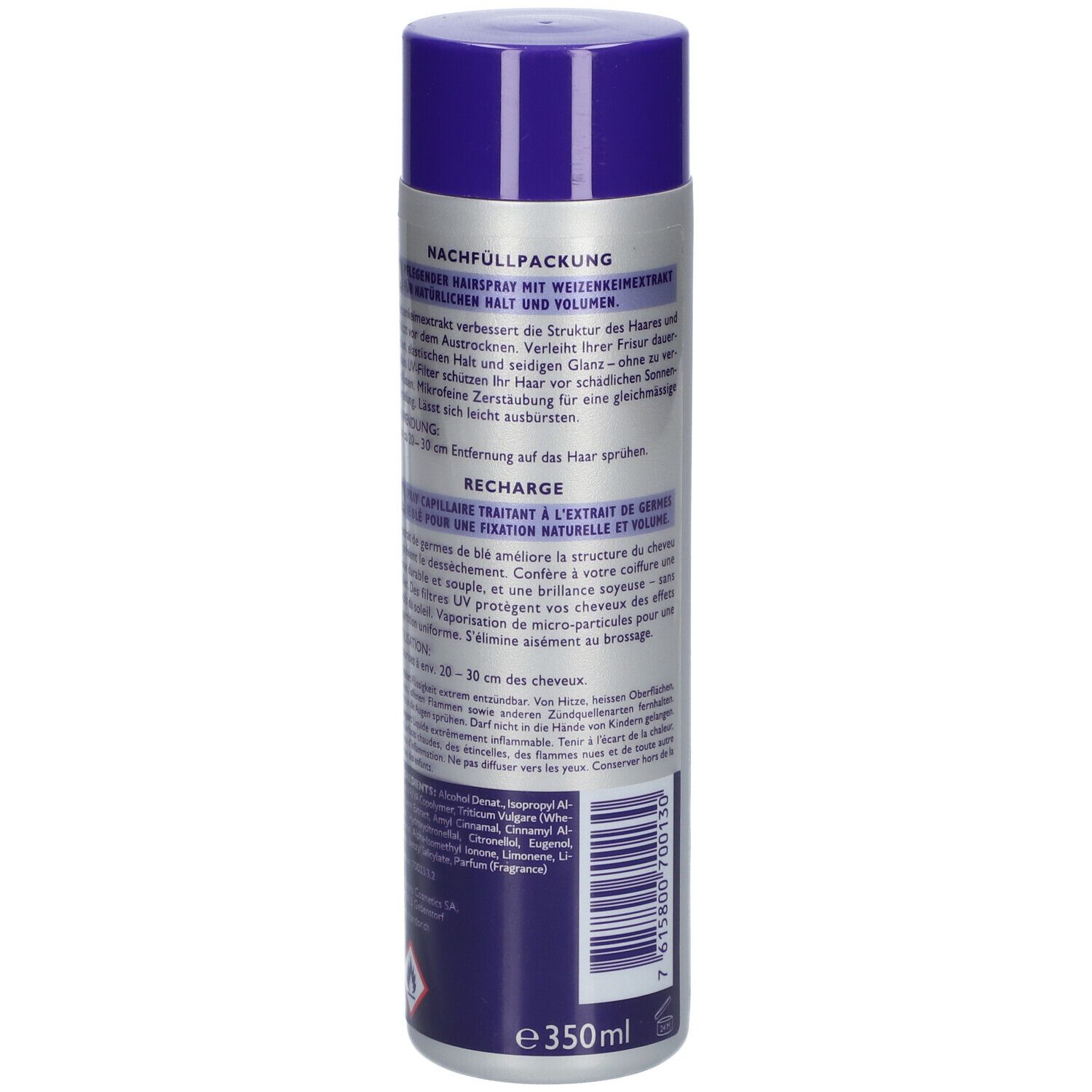 Haarspray-Dose, Rückseite. Text in Deutsch und Französisch. Blaue und silberne Farben.
