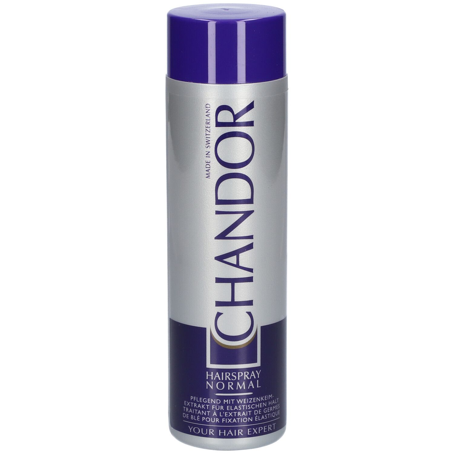 Haarspray-Dose mit blauem Deckel und silberner Hülle. Schriftzug CHANDOR und HAARSPRAY NORMAL.