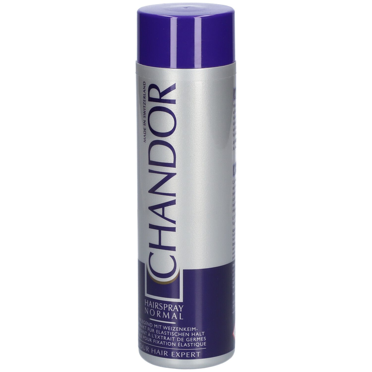 Haarspray-Dose mit blauem Deckel und silberner Hülle. Schriftzug CHANDOR und HAARSPRAY NORMAL.
