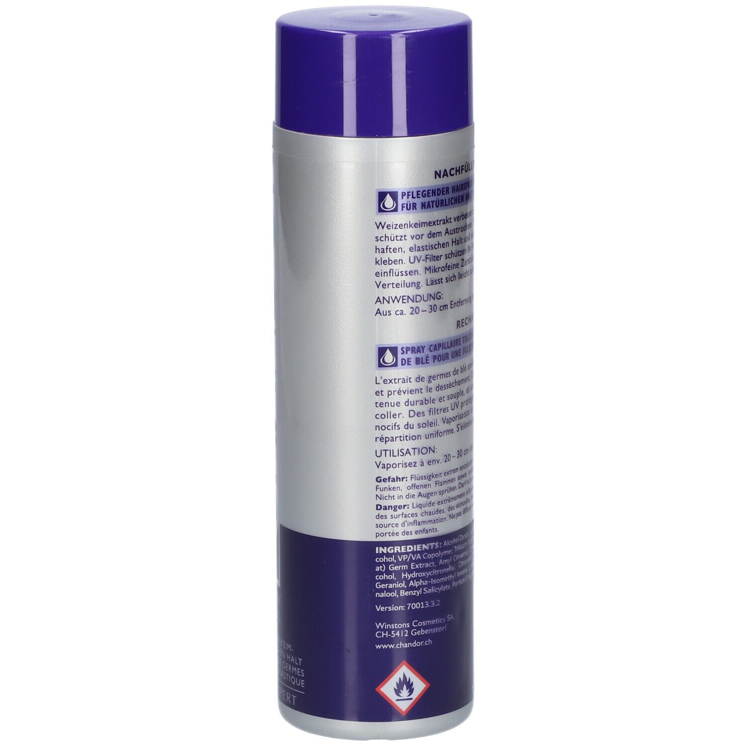 Haarspray-Dose, Rückseite. Text in Deutsch und Französisch. Blaue und silberne Farben.