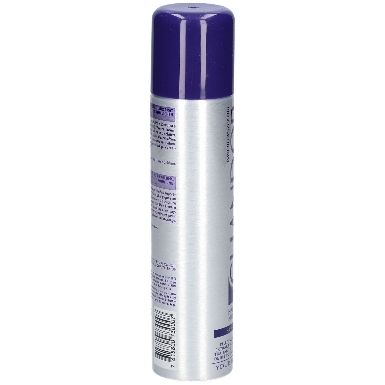 CHANDOR Haarspray, silberne Dose mit blauem Deckel. Text auf der Rückseite: Inhaltsstoffe, Anwendungshinweise. Hergestellt in der Schweiz.
