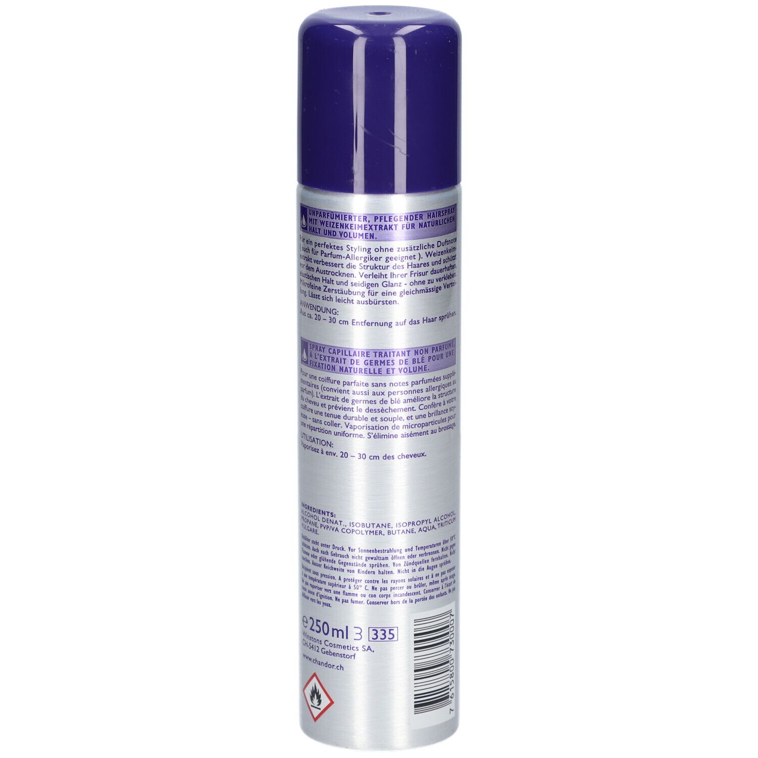 CHANDOR Haarspray, silberne Dose mit blauem Deckel. Rückseite mit Text in Deutsch und Französisch. Volumen: 250ml.