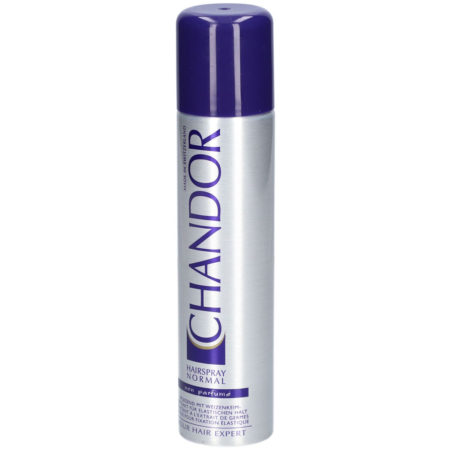 CHANDOR Haarspray Normal, silberne Dose mit blauem Deckel. Aufschrift: Haarspray Normal, non parfume. Hergestellt in der Schweiz.