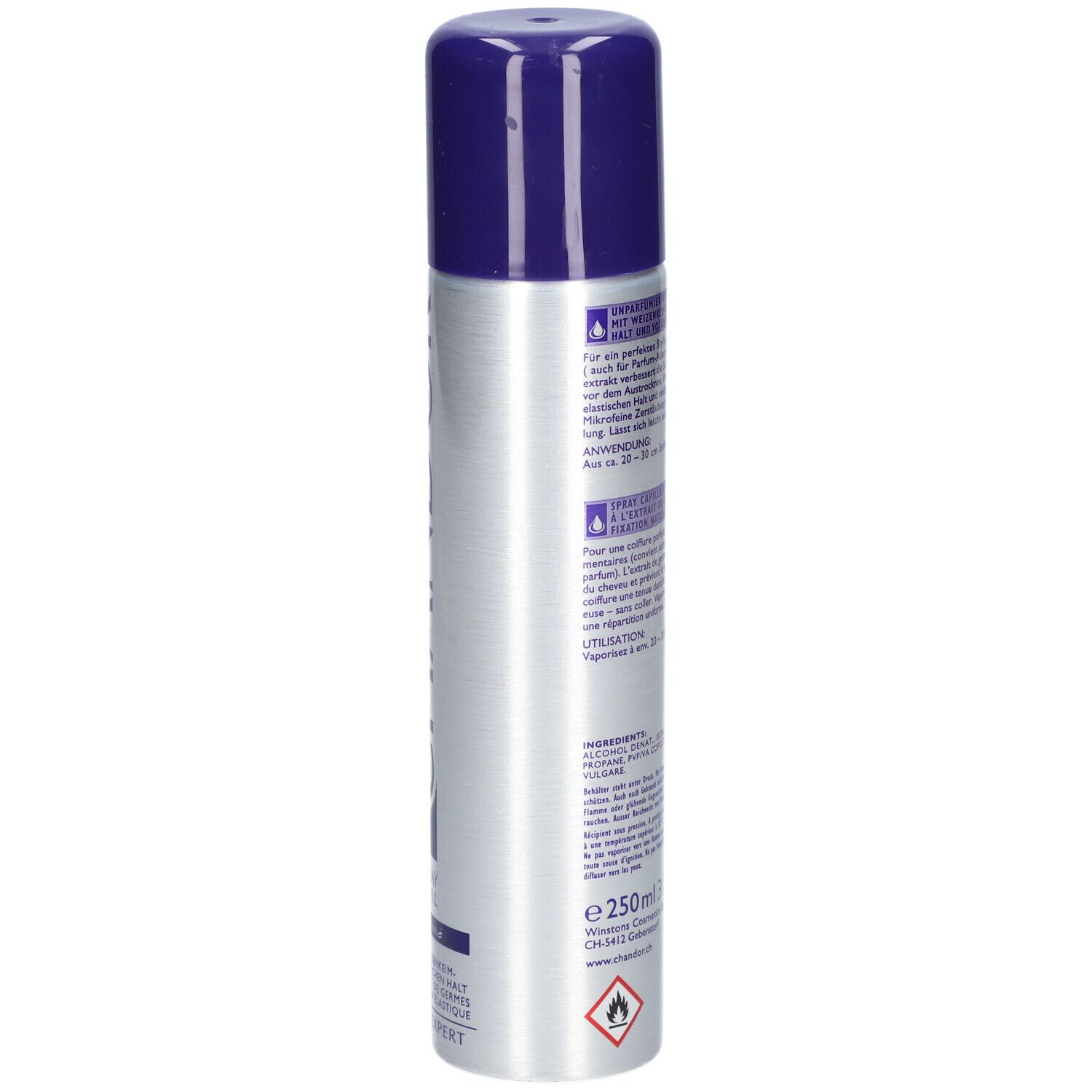 CHANDOR Haarspray, silberne Dose mit blauem Deckel. Rückseite mit Text, Inhaltsstoffen und Warnhinweisen. Volumen: 250ml.