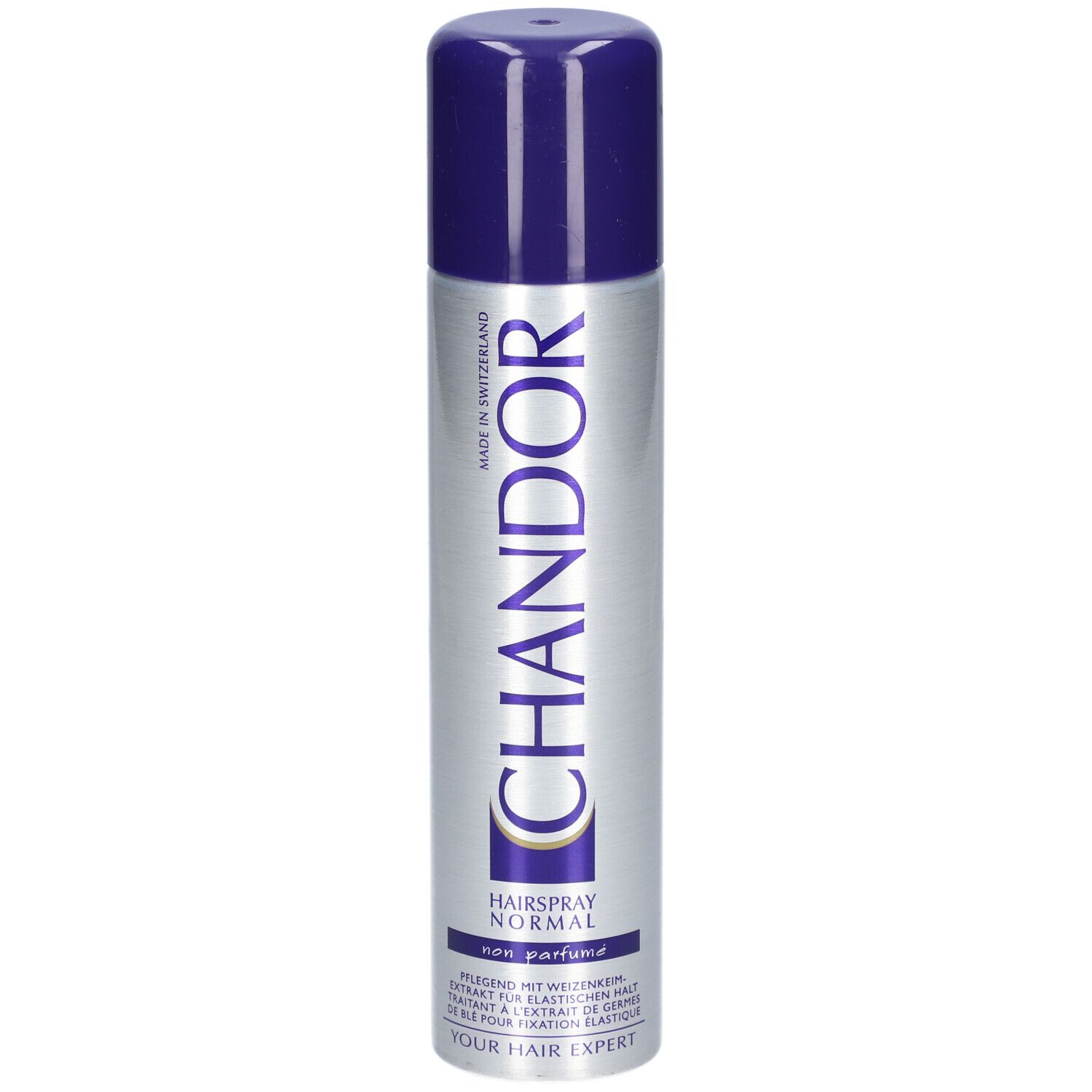 CHANDOR Haarspray Normal, silberne Dose mit blauem Deckel. Aufschrift: Haarspray Normal, non parfume. Hergestellt in der Schweiz.