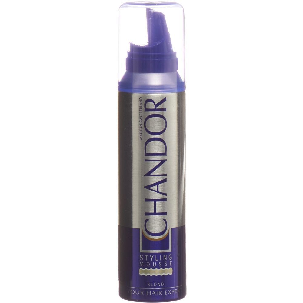 CHANDOR Styling Mousse Blond. Flasche mit blauem Deckel und Sprühkopf. Silberne Dose mit Produktinformationen.