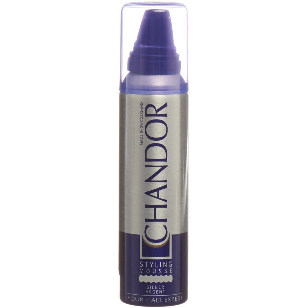 Styling Mousse Silber Flasche. Marke CHANDOR. Silberne und blaue Farbgebung. Mit Deckel. Text: Styling Mousse, Silber Argent.