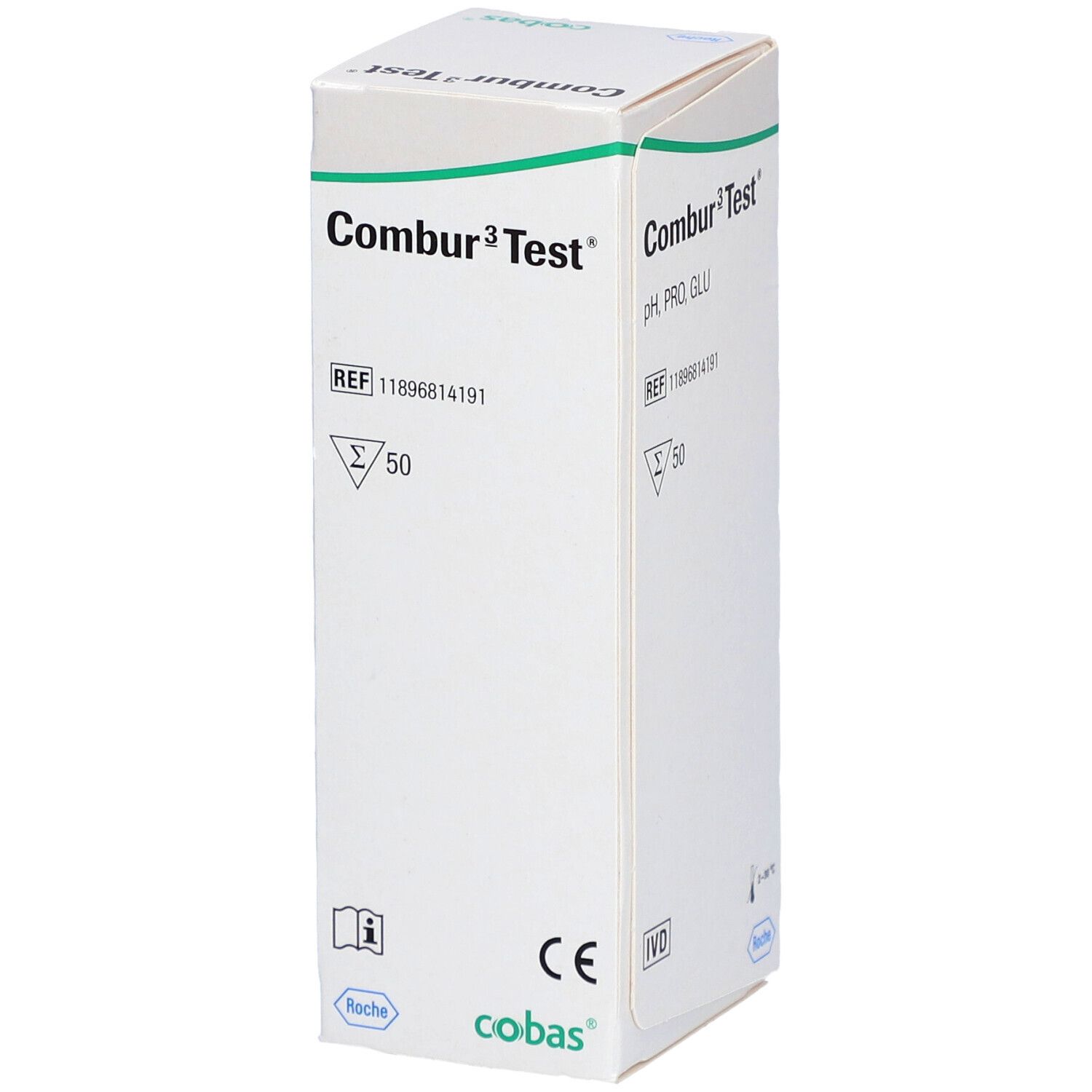 Weiße Schachtel mit "Combur 3 Test"-Aufdruck. Enthält 50 Teststreifen. CE-Kennzeichnung und Roche-Logo.