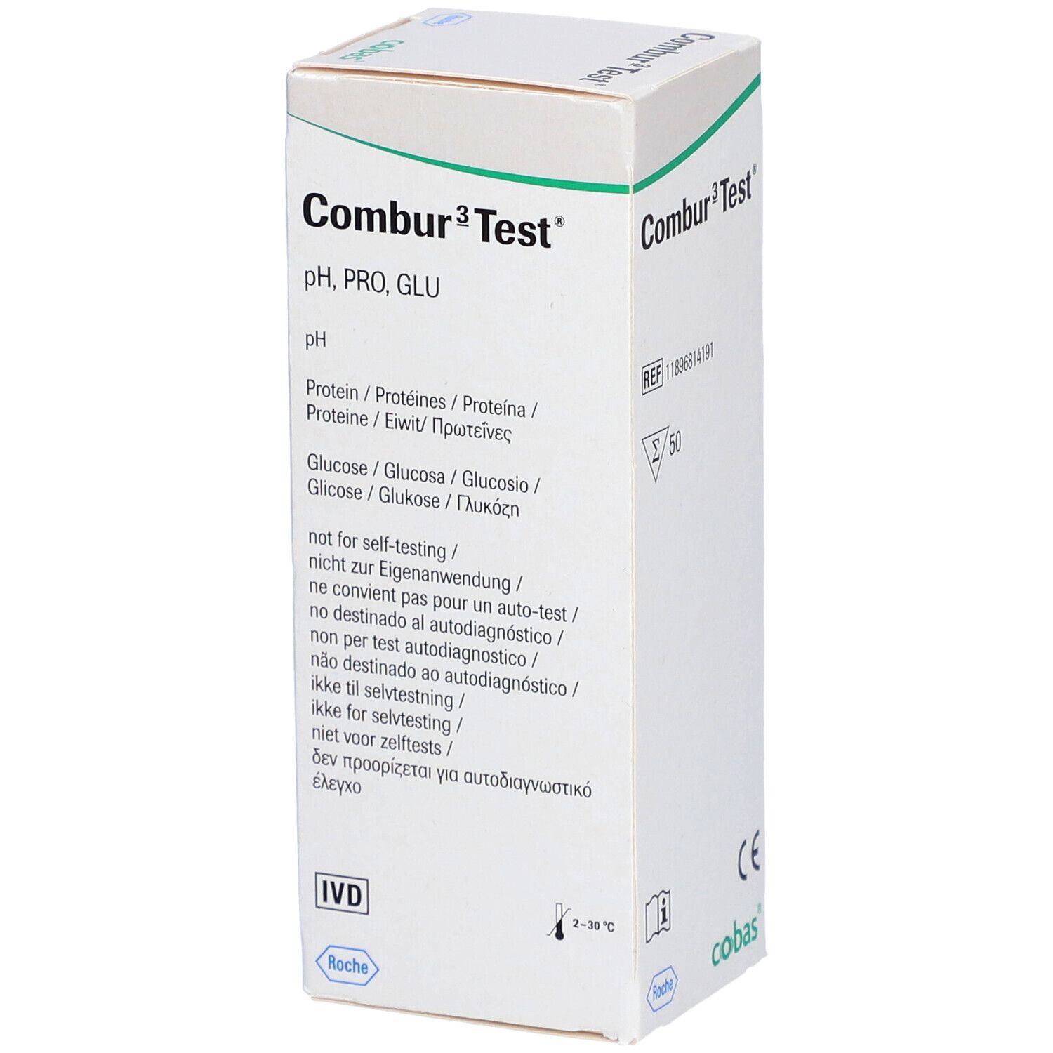 Weiße Schachtel mit "Combur 3 Test" und pH, PRO, GLU. Enthält Informationen in mehreren Sprachen. Roche-Logo.