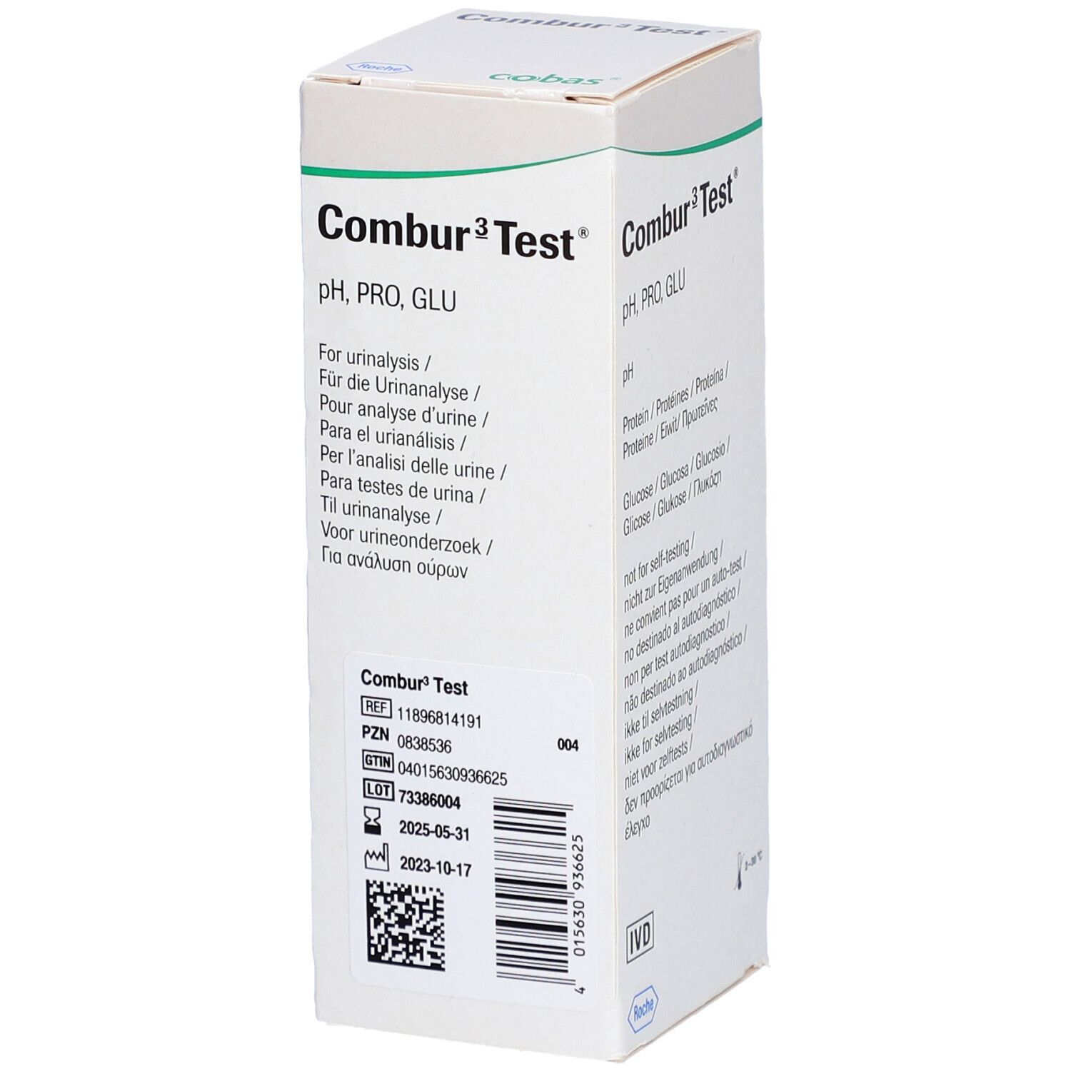 Weiße Schachtel mit "Combur 3 Test" und pH, PRO, GLU. Enthält Informationen und QR-Code. Roche-Logo.