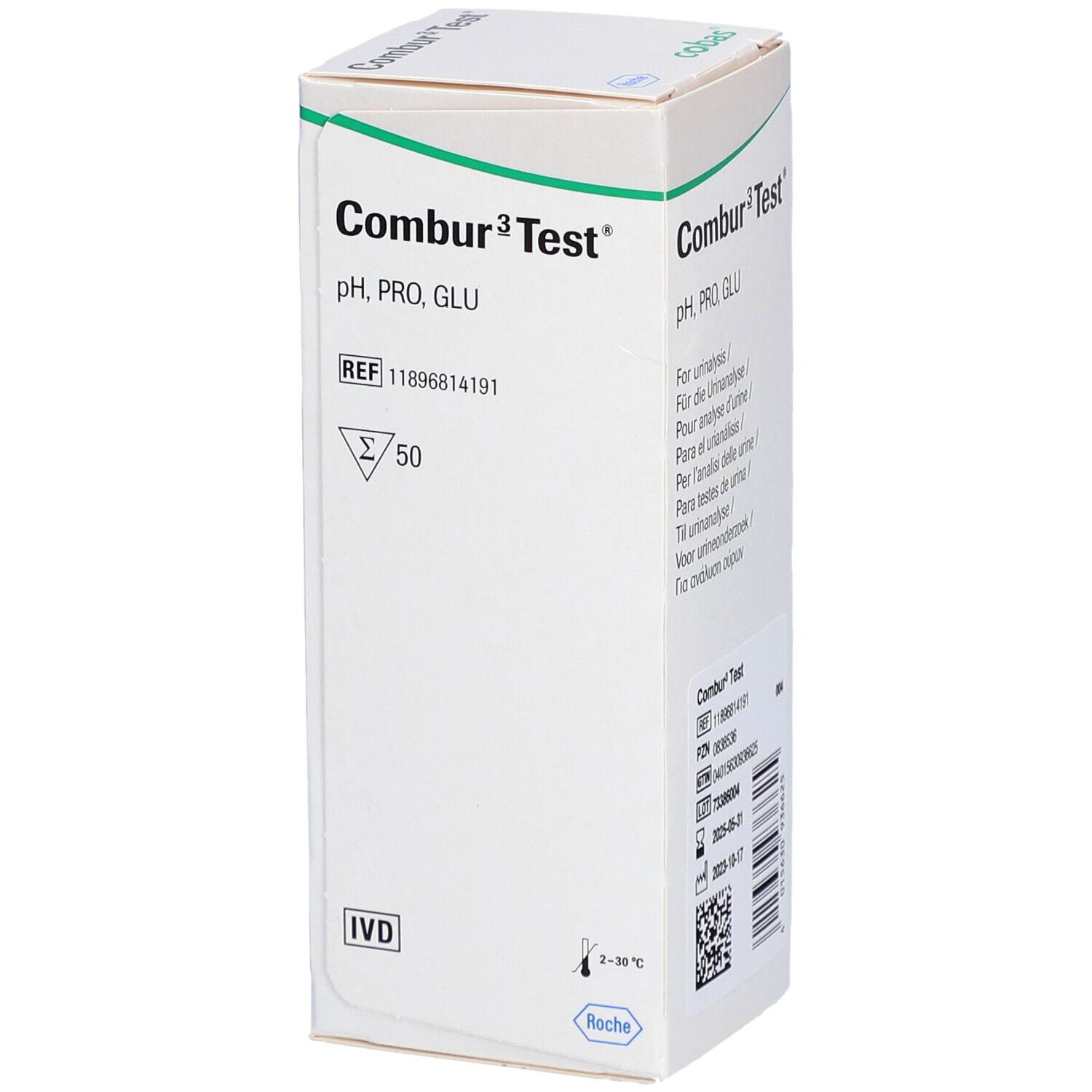 Weiße Schachtel mit "Combur 3 Test" und pH, PRO, GLU. Enthält Informationen und CE-Kennzeichnung. Roche-Logo.