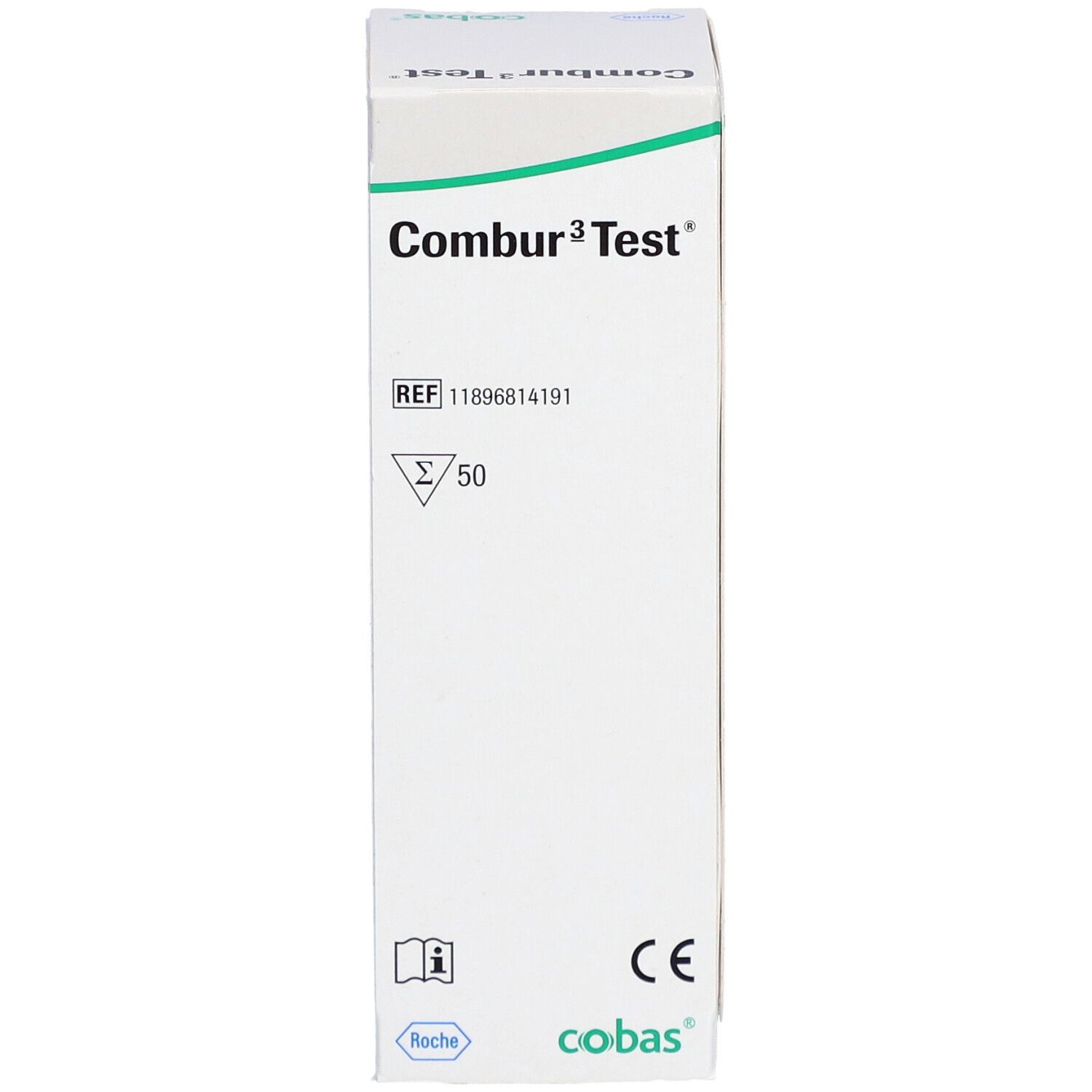 Weiße Schachtel mit "Combur 3 Test". Enthält 50 Teststreifen. CE-Kennzeichnung und Roche-Logo.