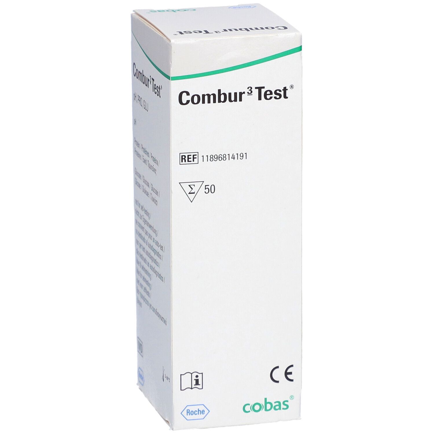 Weiße Schachtel mit "Combur 3 Test". Enthält Informationen und CE-Kennzeichnung. Roche-Logo.