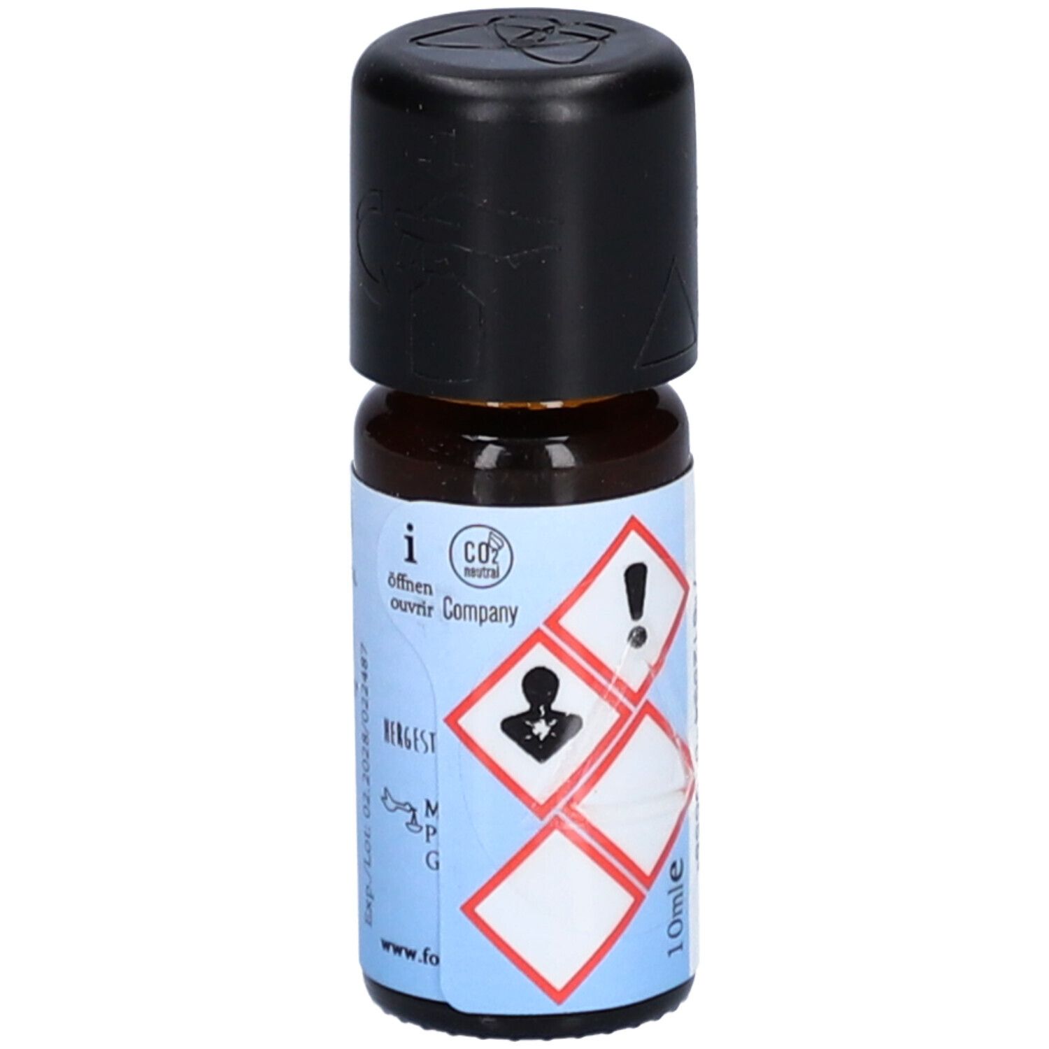 Braune Glasflasche mit schwarzem Deckel. Etikett mit Warnsymbolen, Text und CO2 neutral Logo.