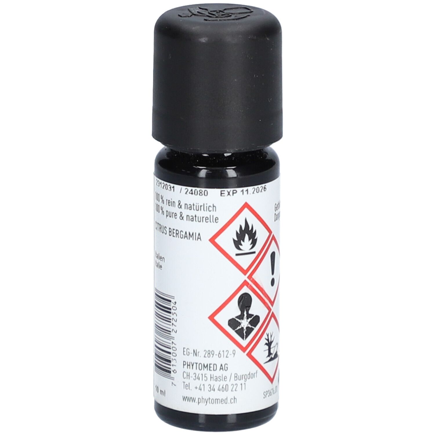 Kleine Glasflasche mit schwarzem Deckel. Aufschrift: CITRUS BERGAMIA. Gefahrensymbole. Marke: PHYTOMED.