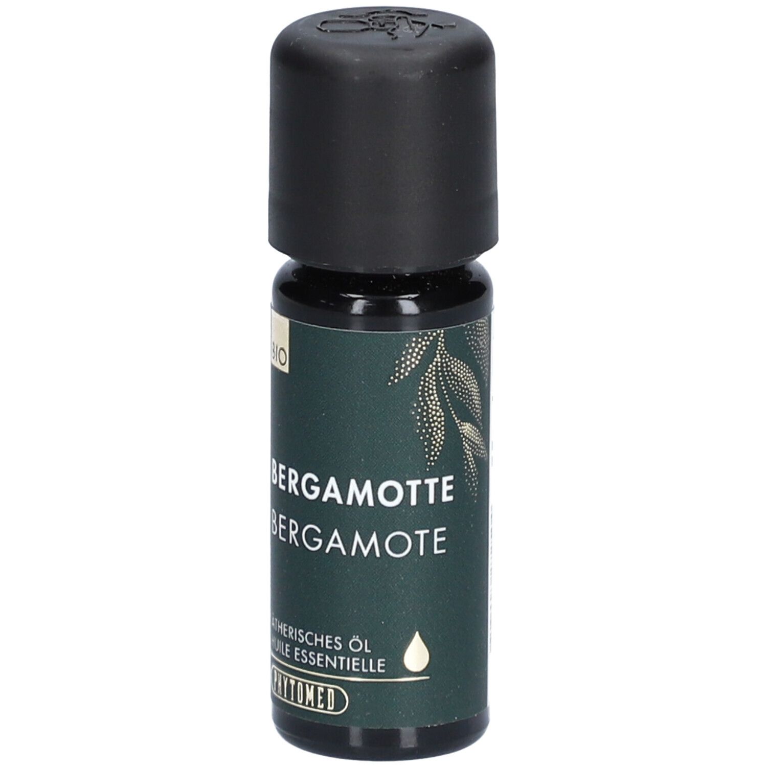 Kleine Glasflasche mit schwarzem Deckel. Aufschrift: BERGAMOTTE. Aetherisches Öl. Marke: PHYTOMED.