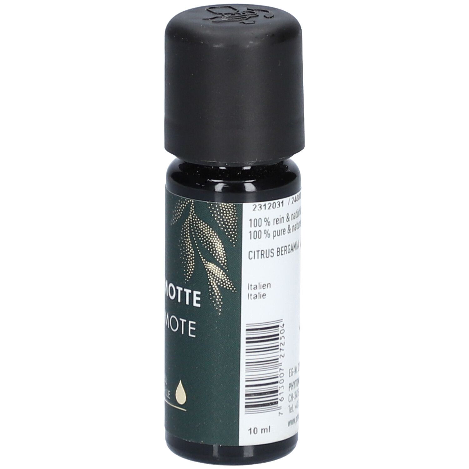 Kleine Glasflasche mit schwarzem Deckel. Aufschrift: BERGAMOTTE. 100% rein & natürlich. Marke: PHYTOMED.