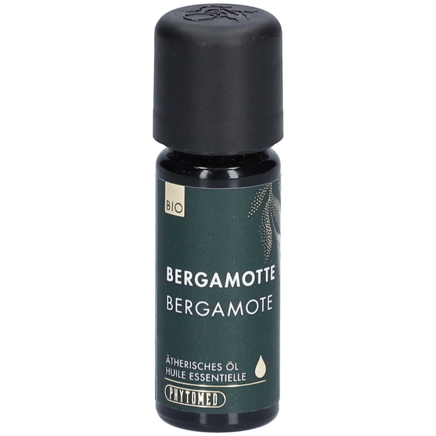 Kleine Glasflasche mit schwarzem Deckel. Aufschrift: BERGAMOTTE, BIO. Aetherisches Öl. Marke: PHYTOMED.