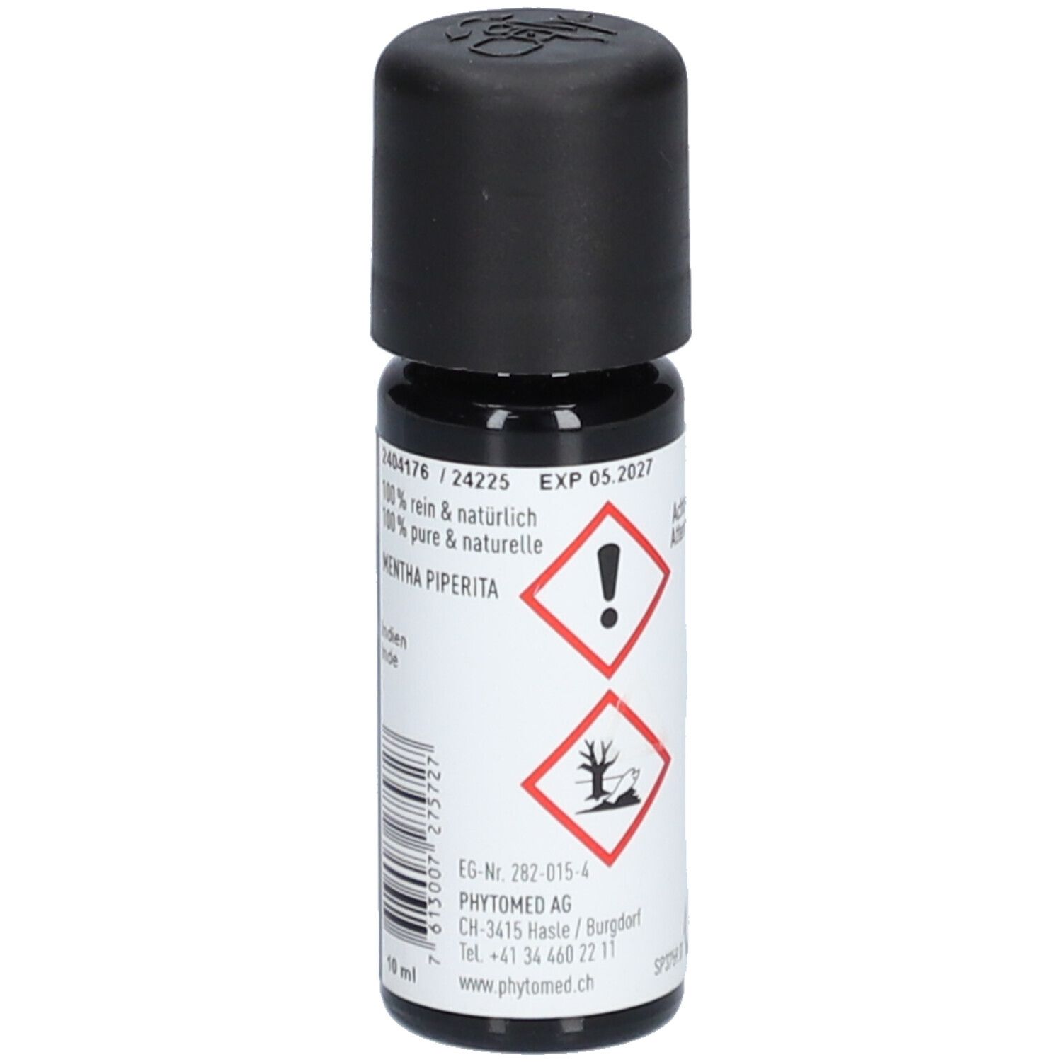 Dunkle Glasflasche mit schwarzem Deckel. Etikett mit Warnsymbolen und Text. Aufschrift: 100% rein & natürlich. EXP 05.2027.