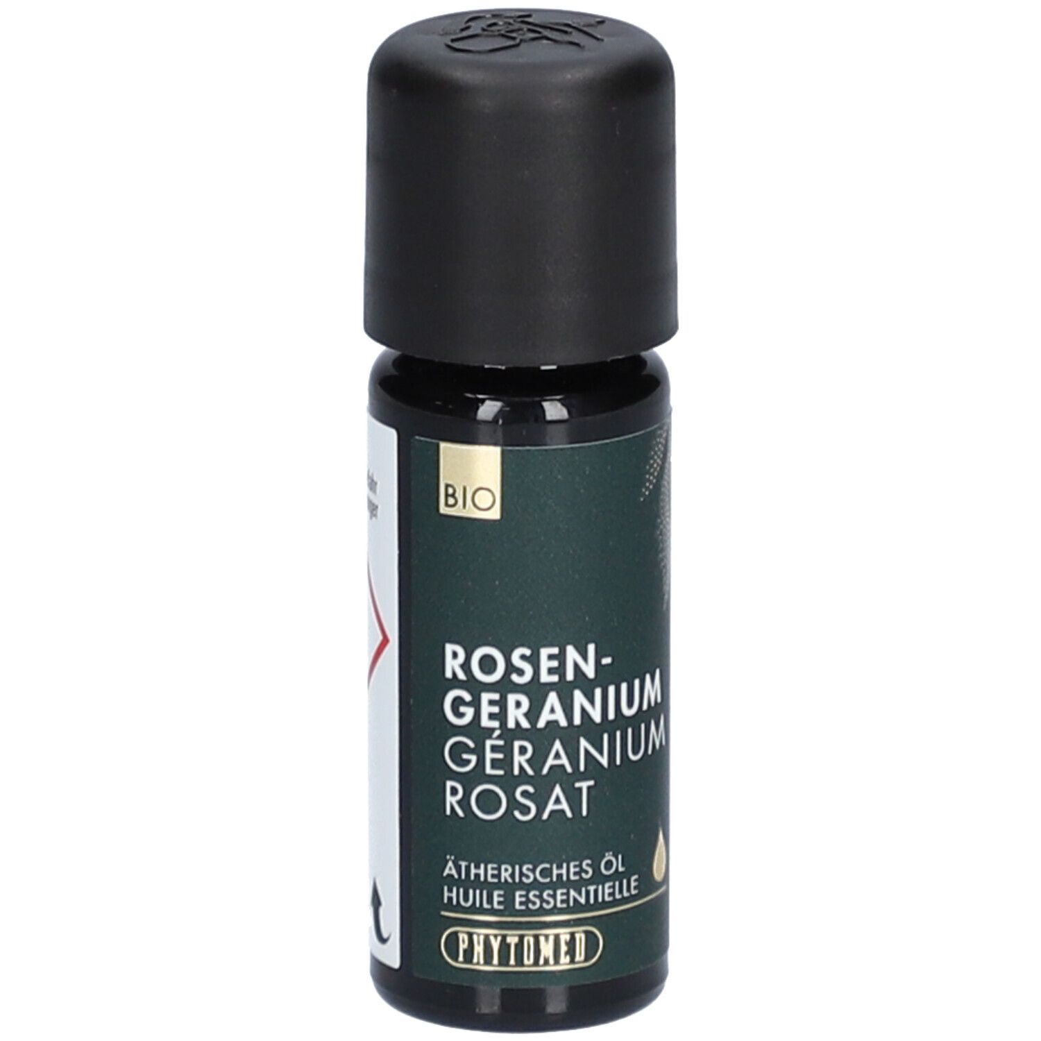 Flacon en verre brun avec bouchon noir. Inscription: Rosen-Geranium Rosat, huile essentielle. Logo: Phytomed. Label Bio.