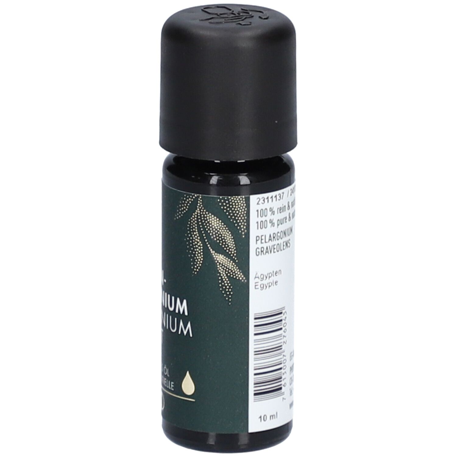 Flacon en verre brun avec bouchon noir. Inscription: Rosen-Geranium, huile essentielle. Logo: Phytomed. 10 ml. Code-barres.