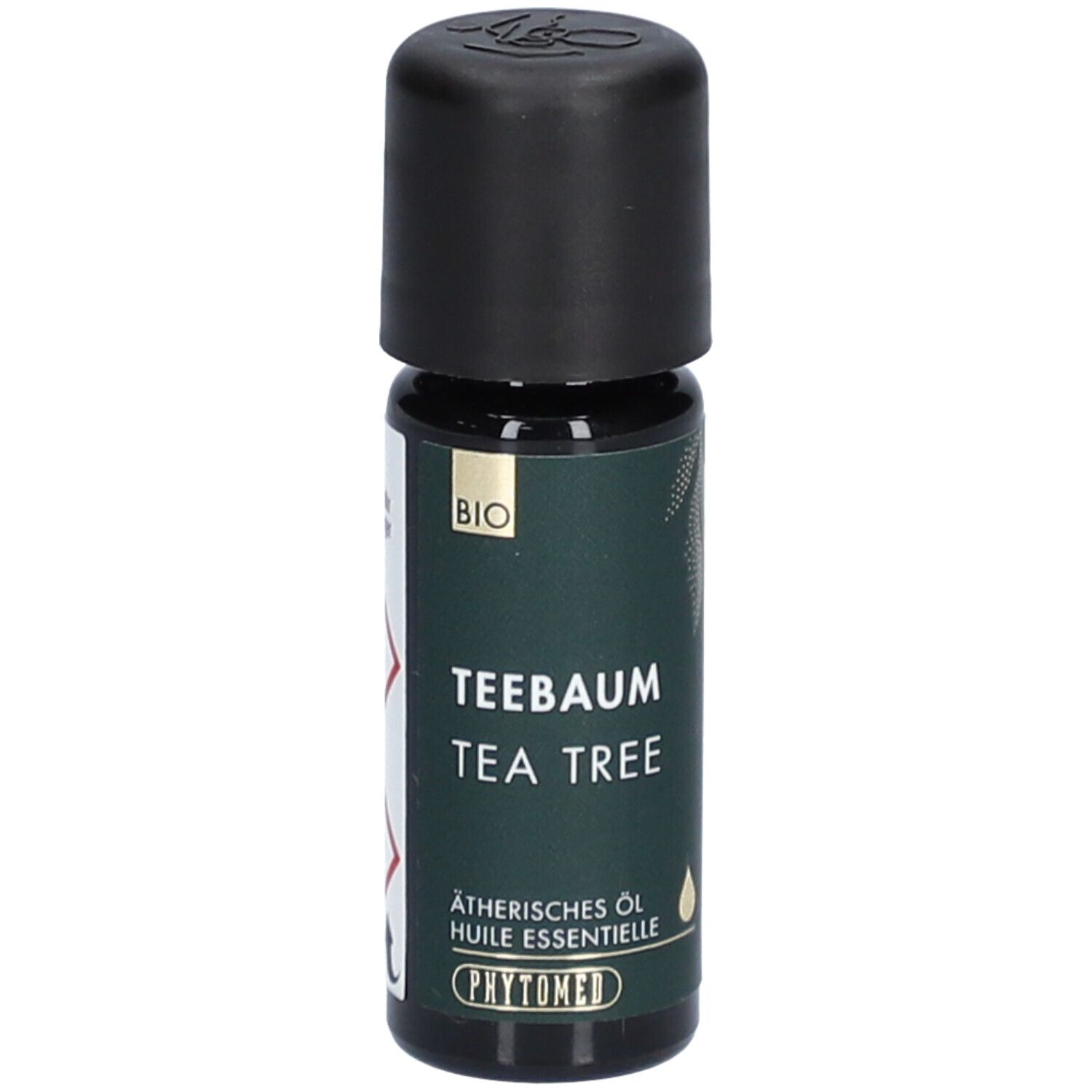 Flacon en verre brun avec bouchon noir. Inscription : Tea Tree, huile essentielle, label BIO. Marque : PHYTOMED.