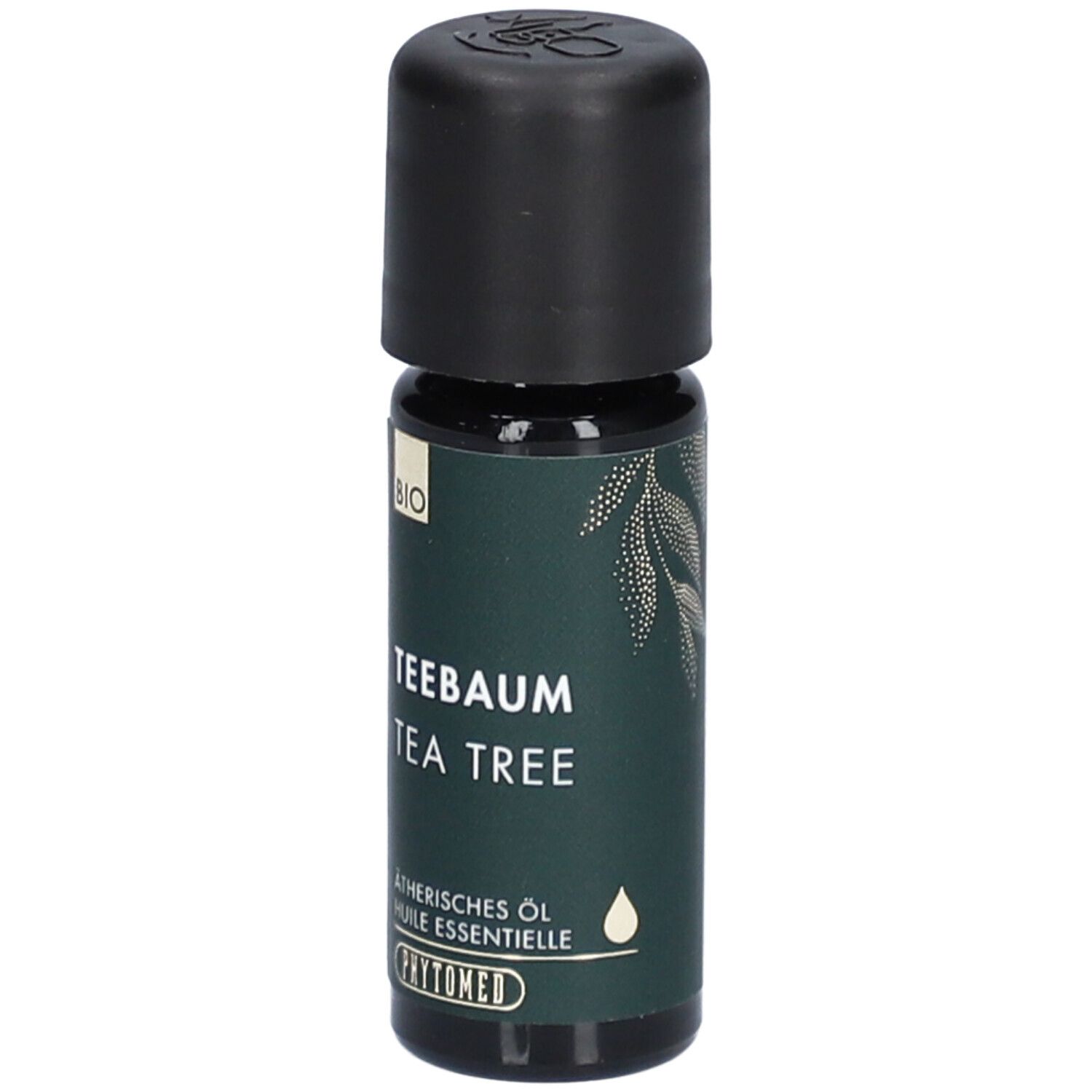 Flacon en verre brun avec bouchon noir. Inscription : Tea Tree, huile essentielle, label BIO. Marque : PHYTOMED.