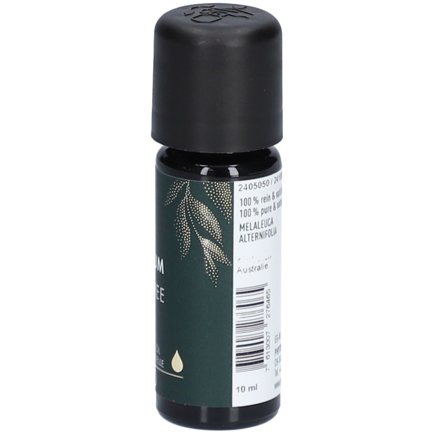 Flacon en verre brun avec bouchon noir. Inscription : 100% pur & naturel, Melaleuca Alternifolia. Marque : PHYTOMED.