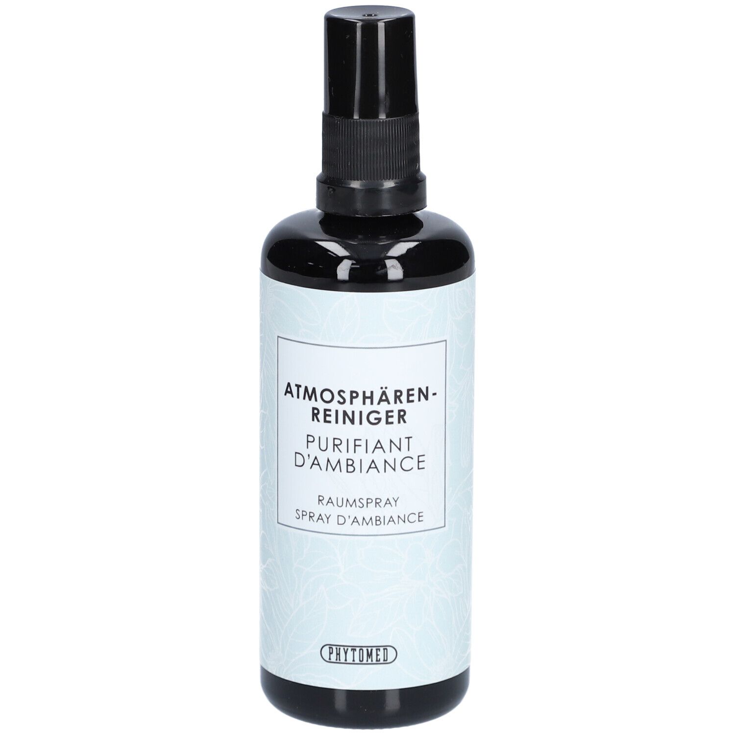 Flacon noir avec vaporisateur. Étiquette blanche avec texte: Purifiant d'Ambiance, Raumspray, Spray d'Ambiance.