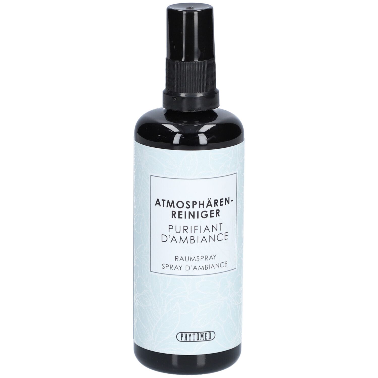 Flacon noir avec vaporisateur. Étiquette blanche avec texte: Purifiant d'Ambiance, Raumspray, Spray d'Ambiance.