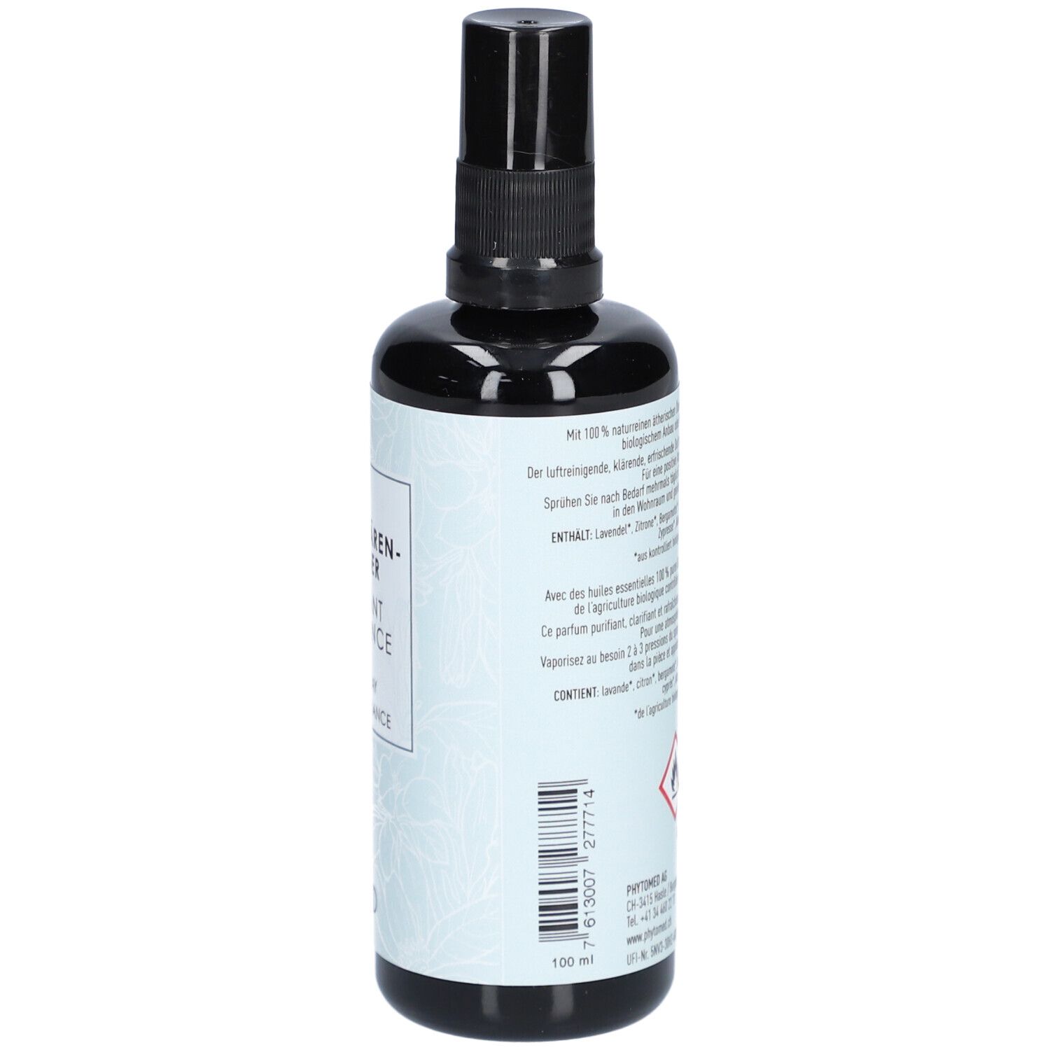 Flacon noir avec vaporisateur. Étiquette avec texte et avertissements. Impression: 100 ml.