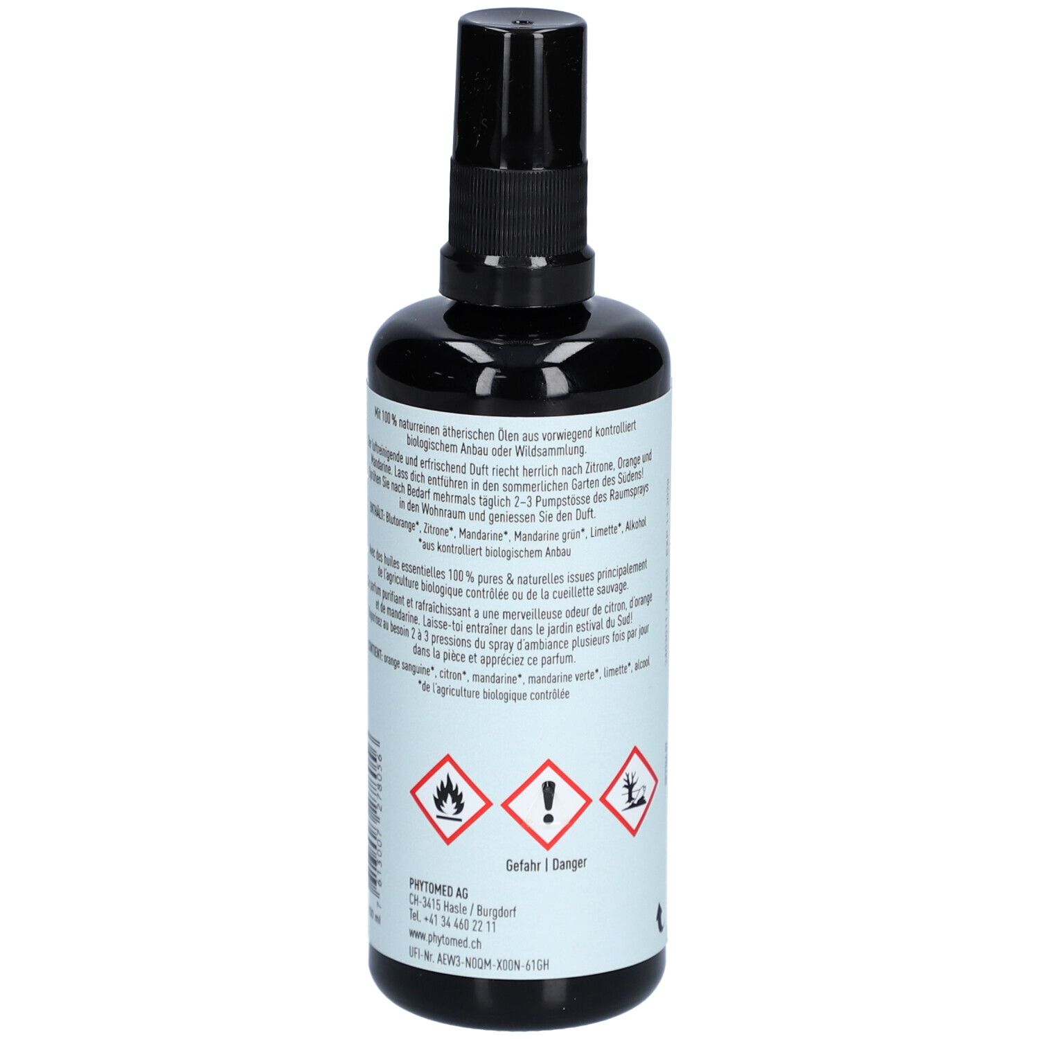 Rückseite der schwarzen Sprühflasche mit Text. Gefahrensymbole und Inhaltsstoffe sind sichtbar.