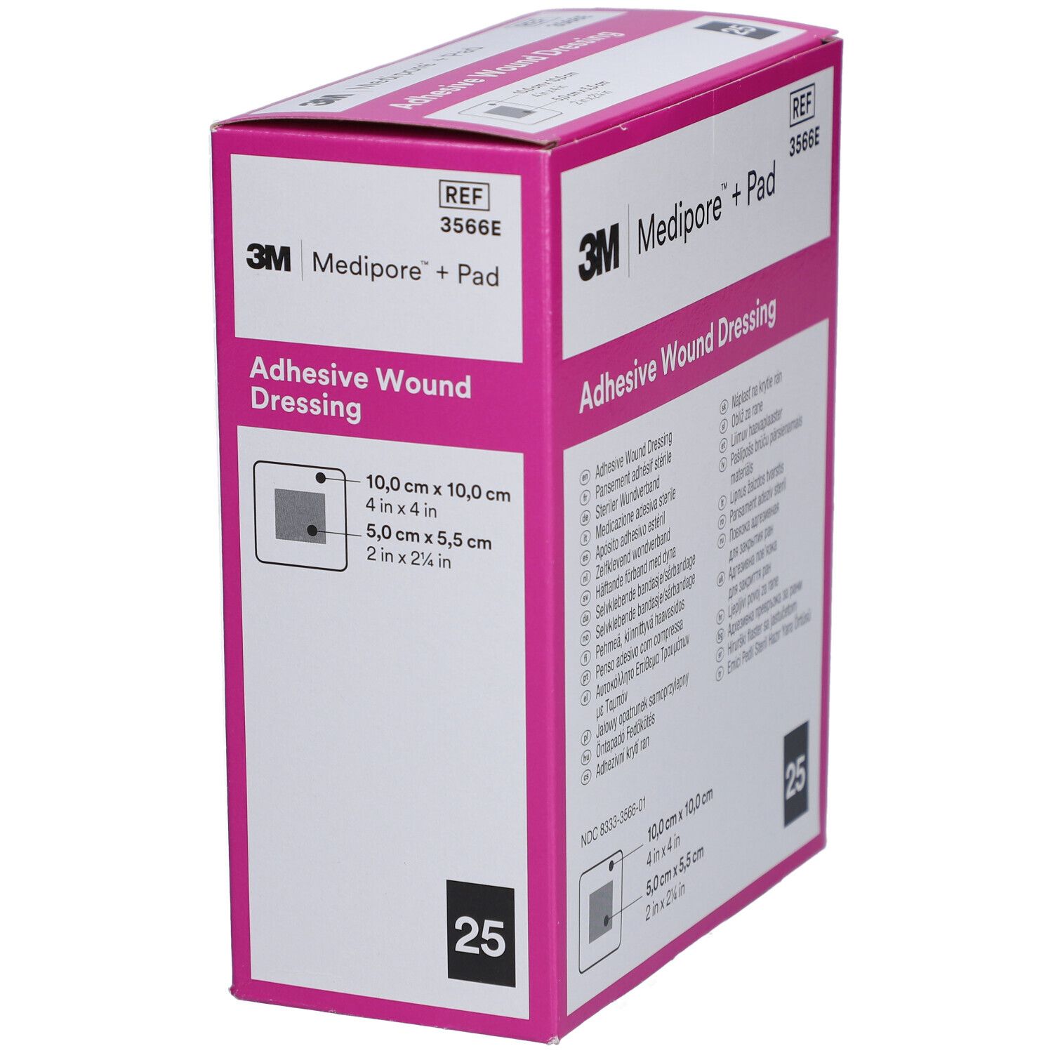 Boîte rose 3M Medipore + Pad en biais. Inscription: Adhesive Wound Dressing. Contient 25 pièces. Dimensions.