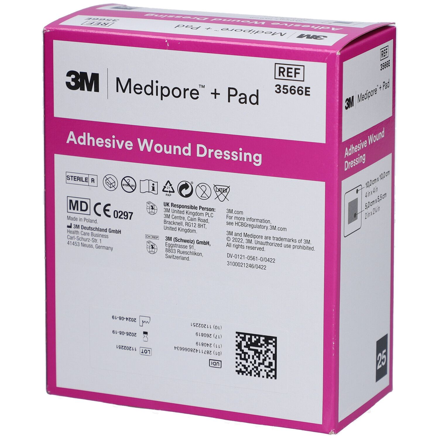 Boîte rose 3M Medipore + Pad. Inscription: Adhesive Wound Dressing. Avec marquage CE. Contient 25 pièces. Informations fabricant.